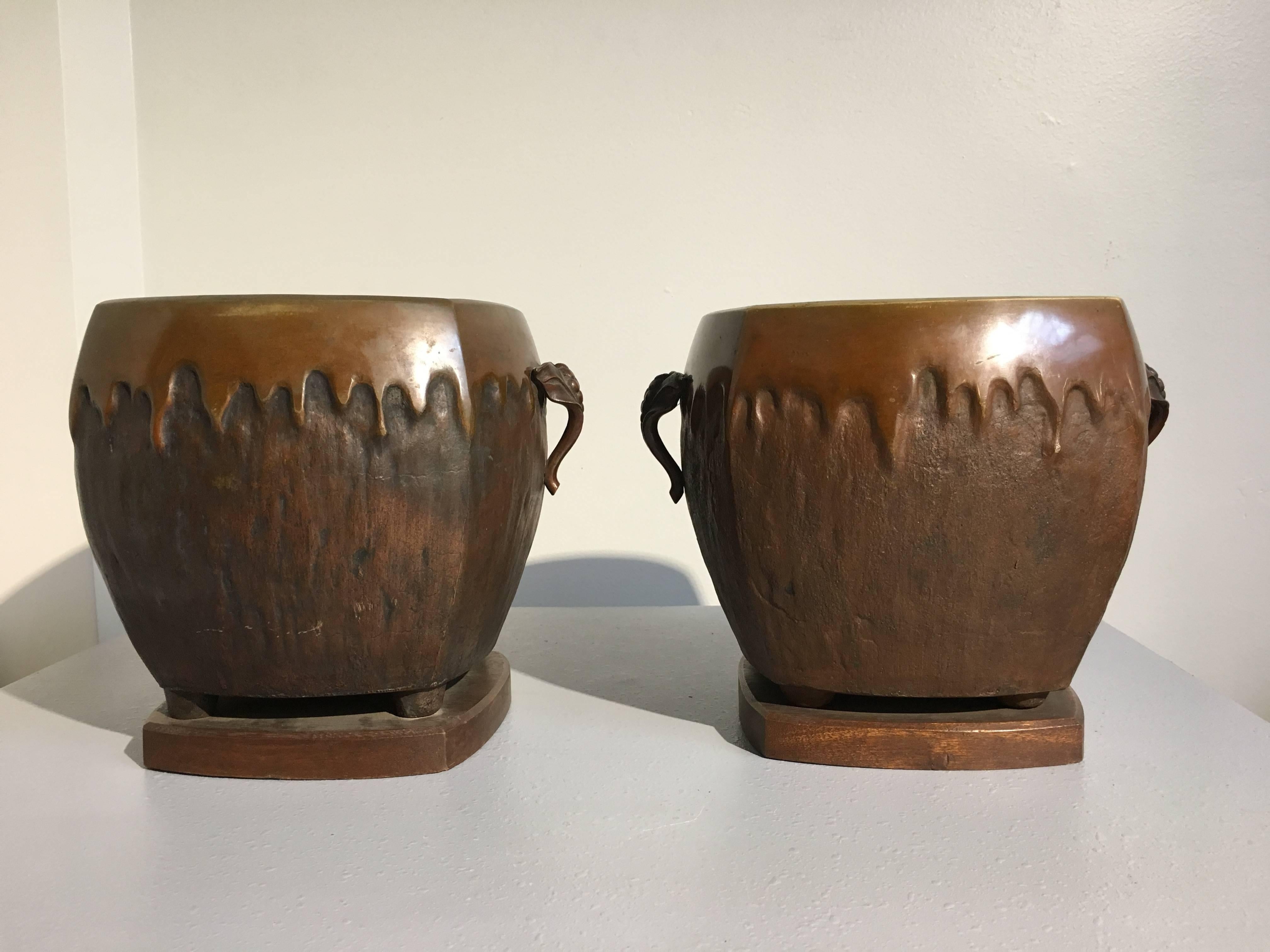 A refined pair of Japanese Art Nouveau planters. 
Originally serving has hibachi (hand warmers), but now perfect as cache pots or jardinieres. 
Of near cube shape, with bowed and rounded sides, these hibachi have been cast in bronze and patinated