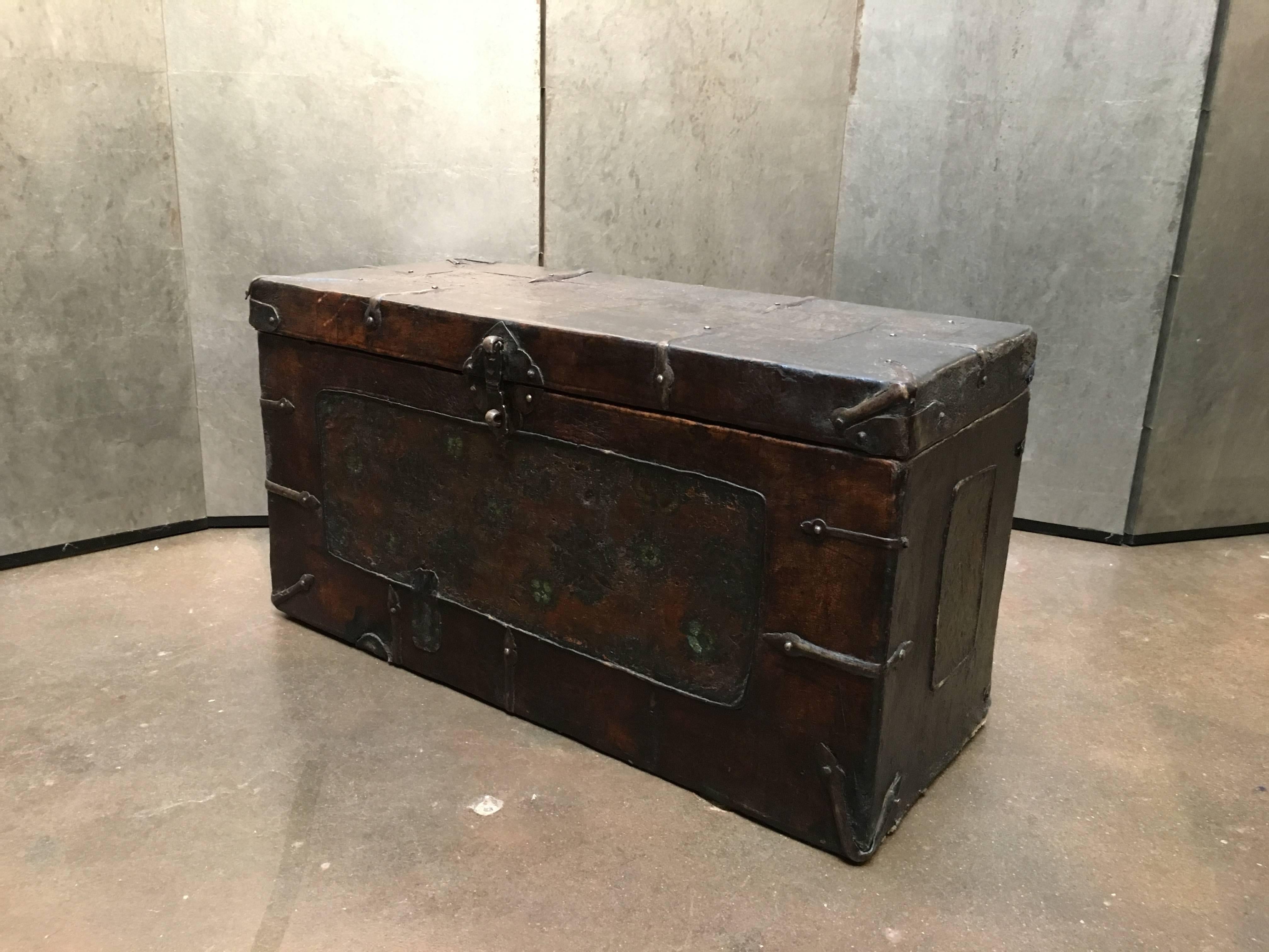 Forged Tibetan Leather Painted Trunk For Sale