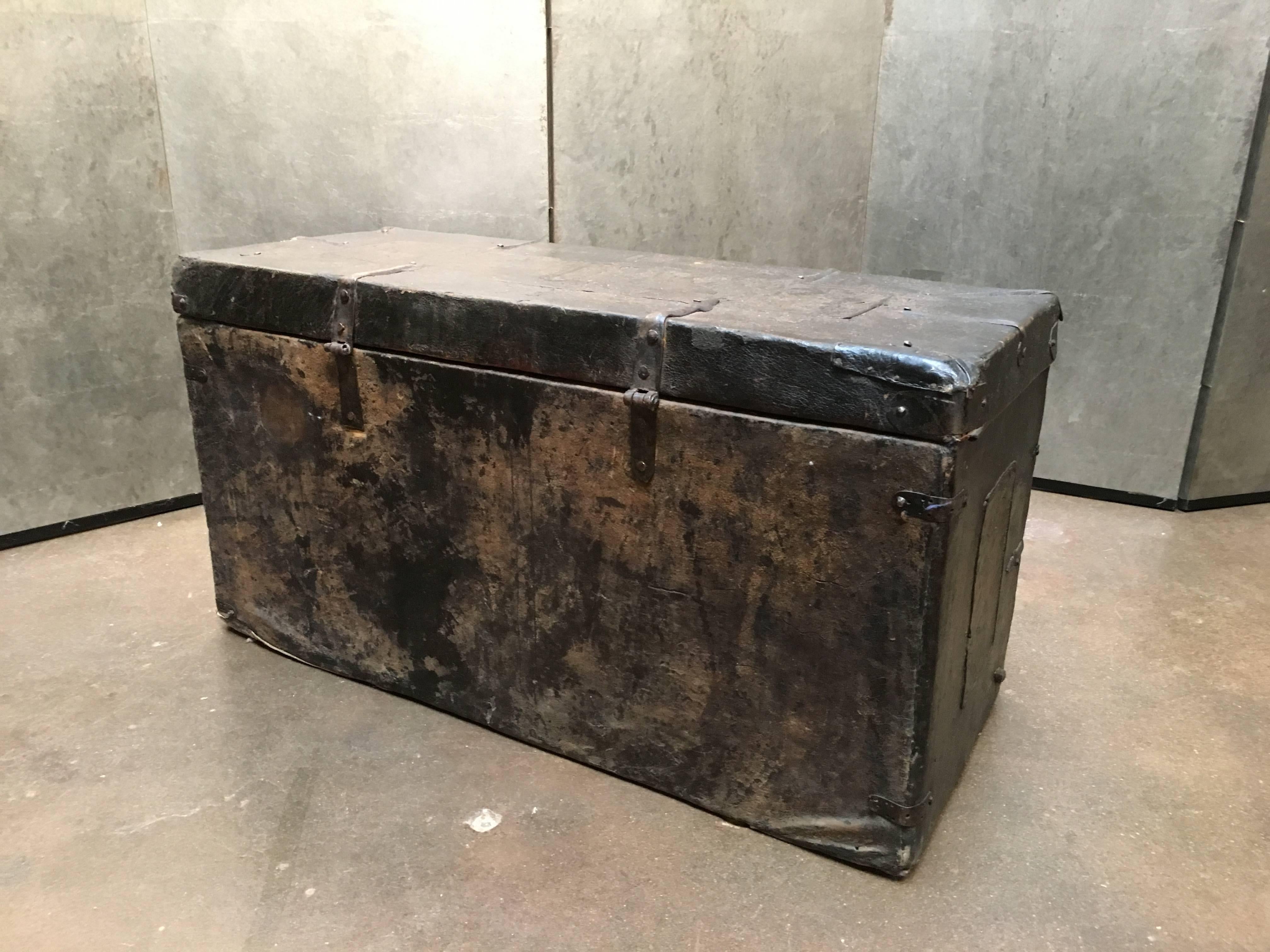 18th Century Tibetan Leather Painted Trunk For Sale