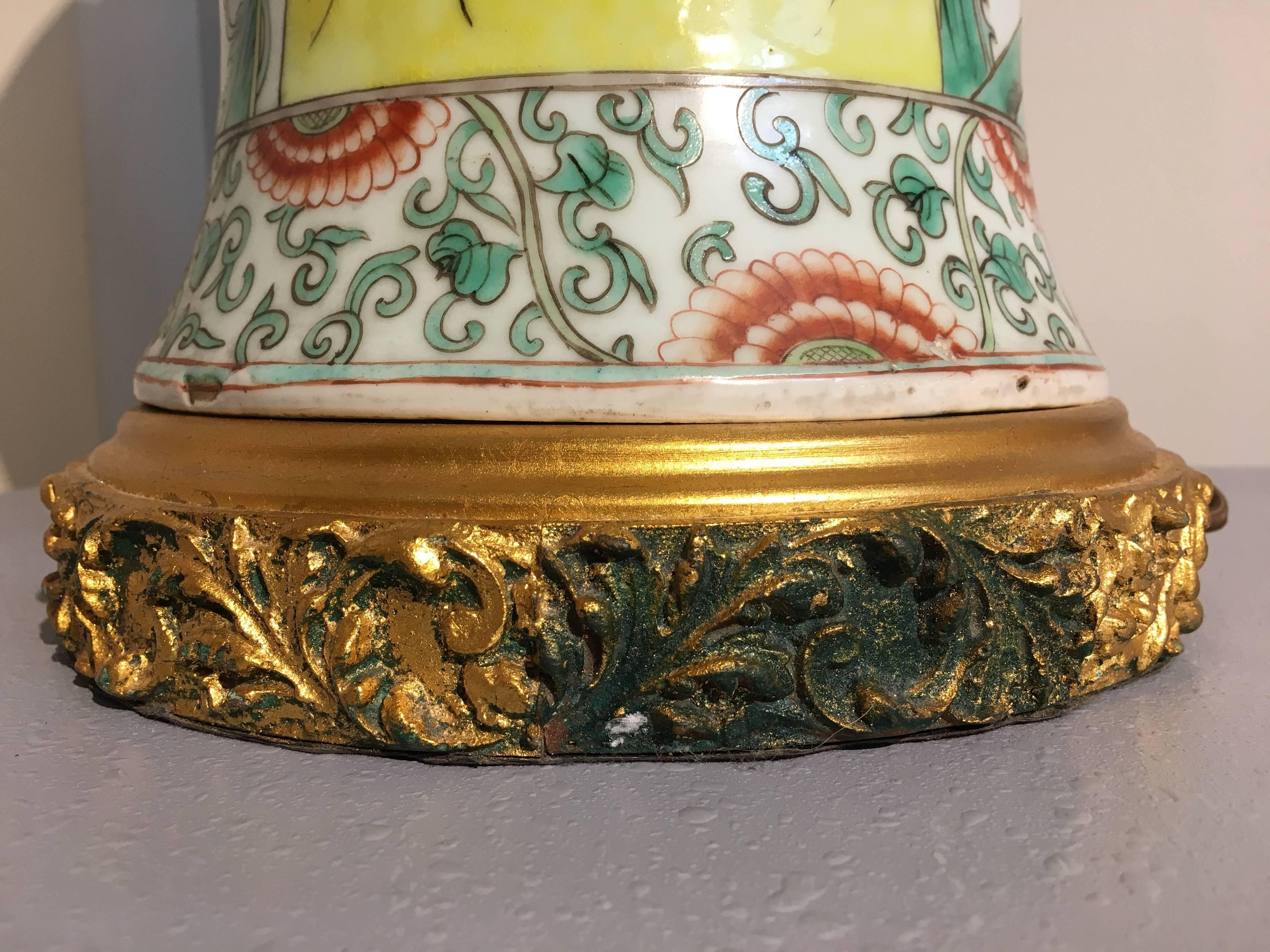 Bronze Chinese Famille Verte Porcelain Vase Lamp
