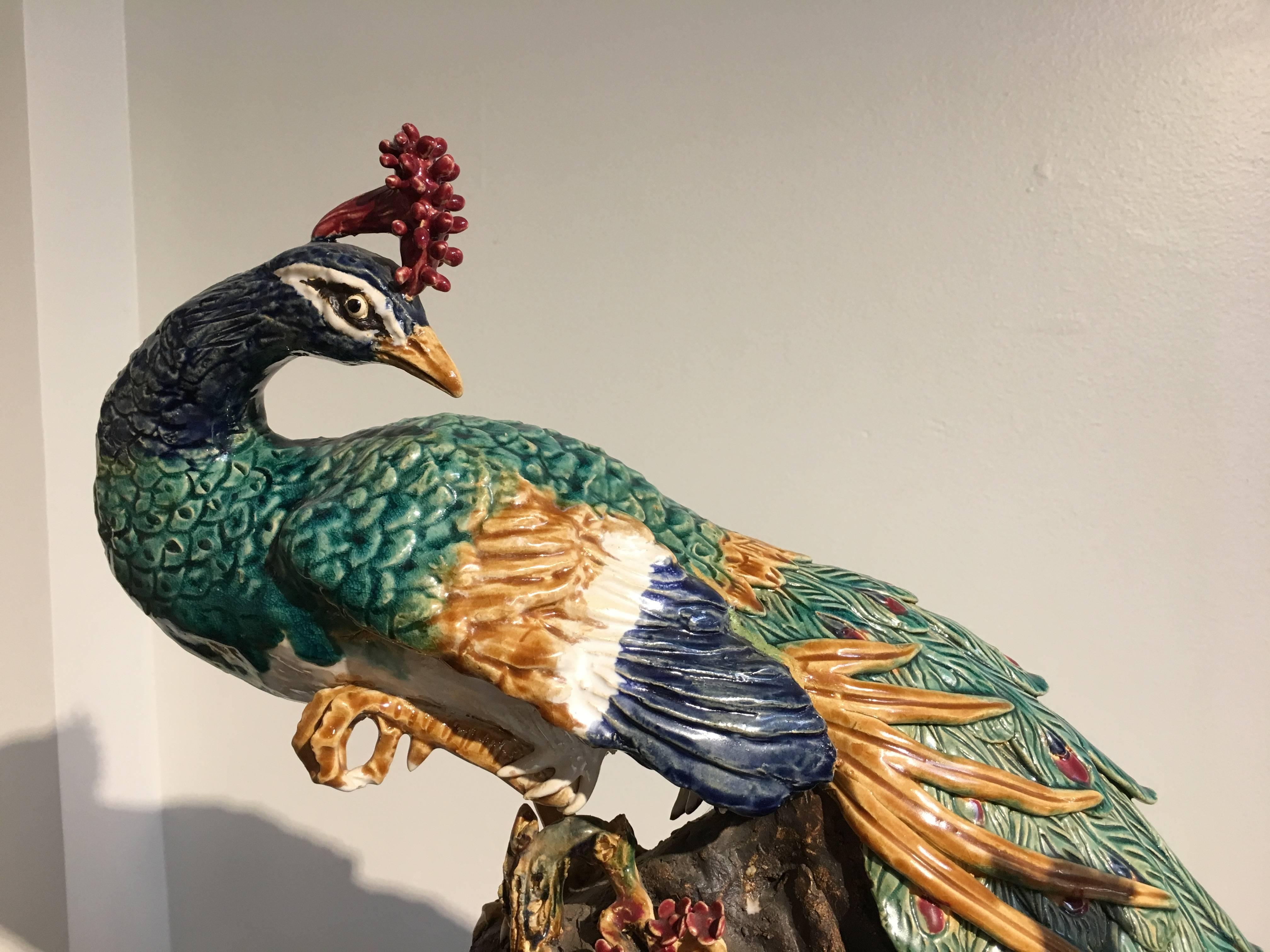 Large Majolica Peacock Sculpture Centerpiece In Excellent Condition In Austin, TX