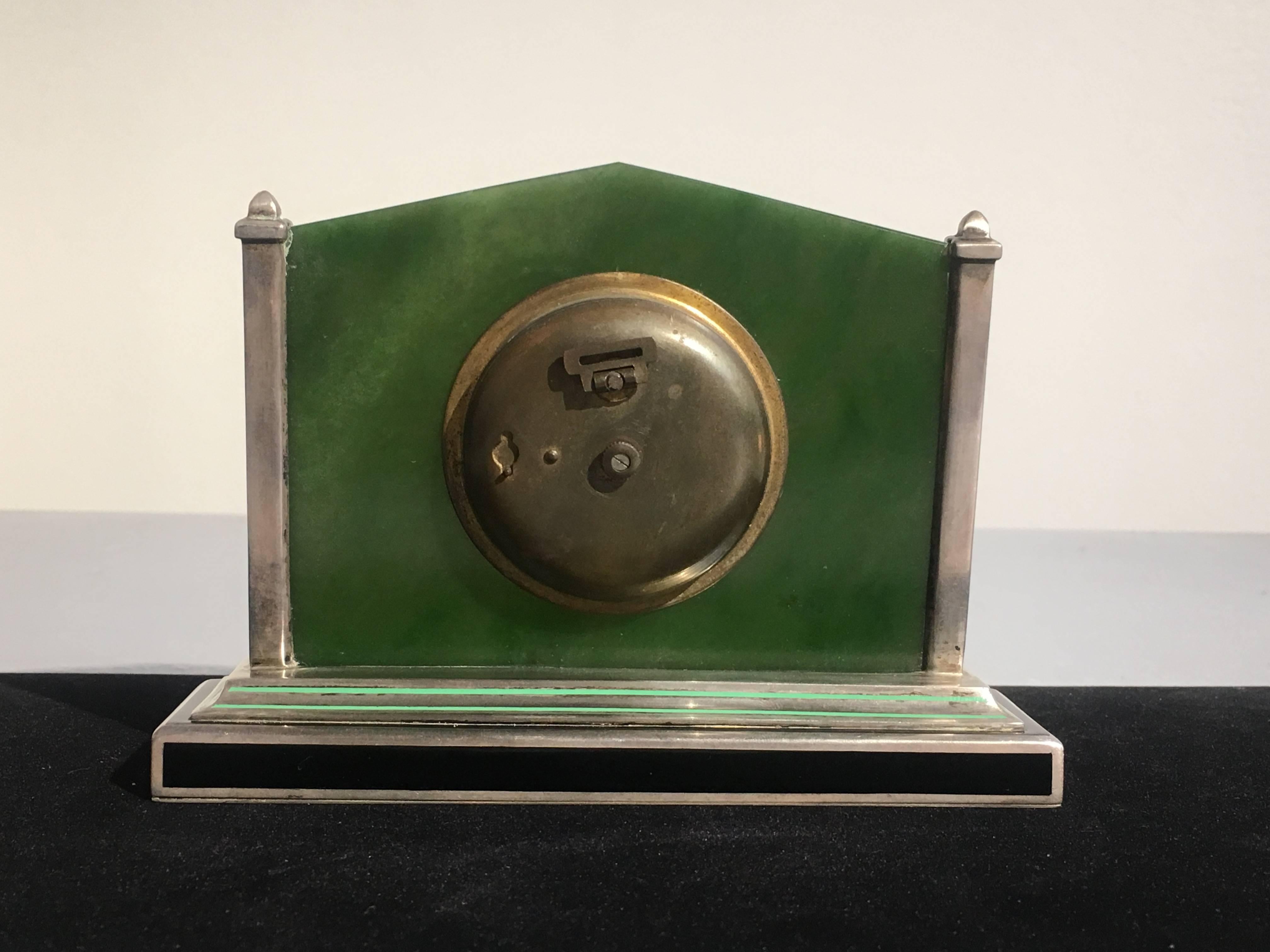 American Art Deco Silver Jade Enamel Desk Clock For Sale