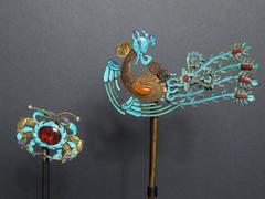 19th Century Chinese Qing Period King Fisher Feather Hair Ornaments
