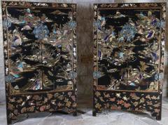 Pair of Chinese Qing Dynasty Lacquer Painted and Hardstone Inlaid Cabinets