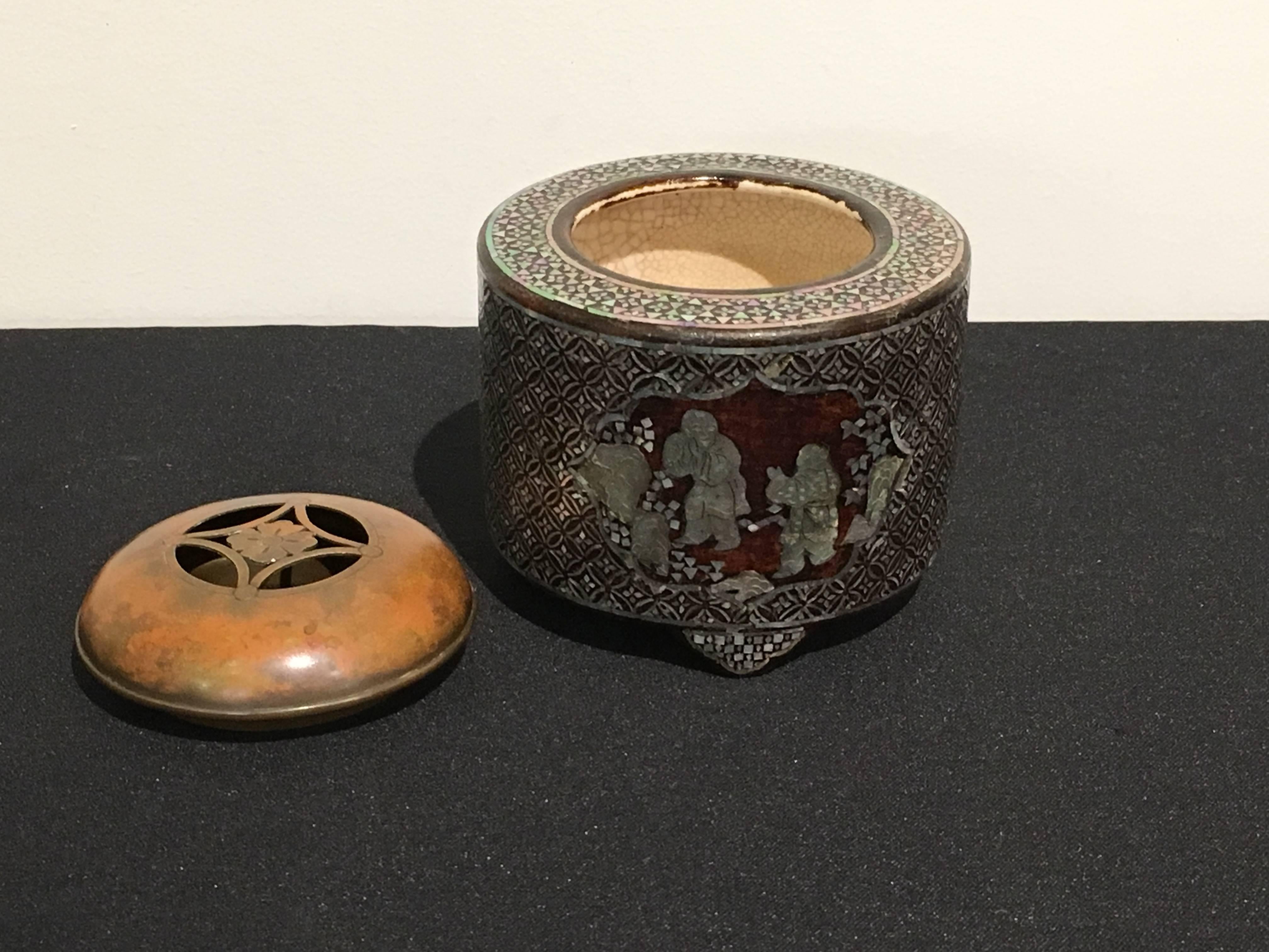 Glazed Japanese Edo Period Lacquer and Mother-of-Pearl Embellished Stoneware Koro For Sale