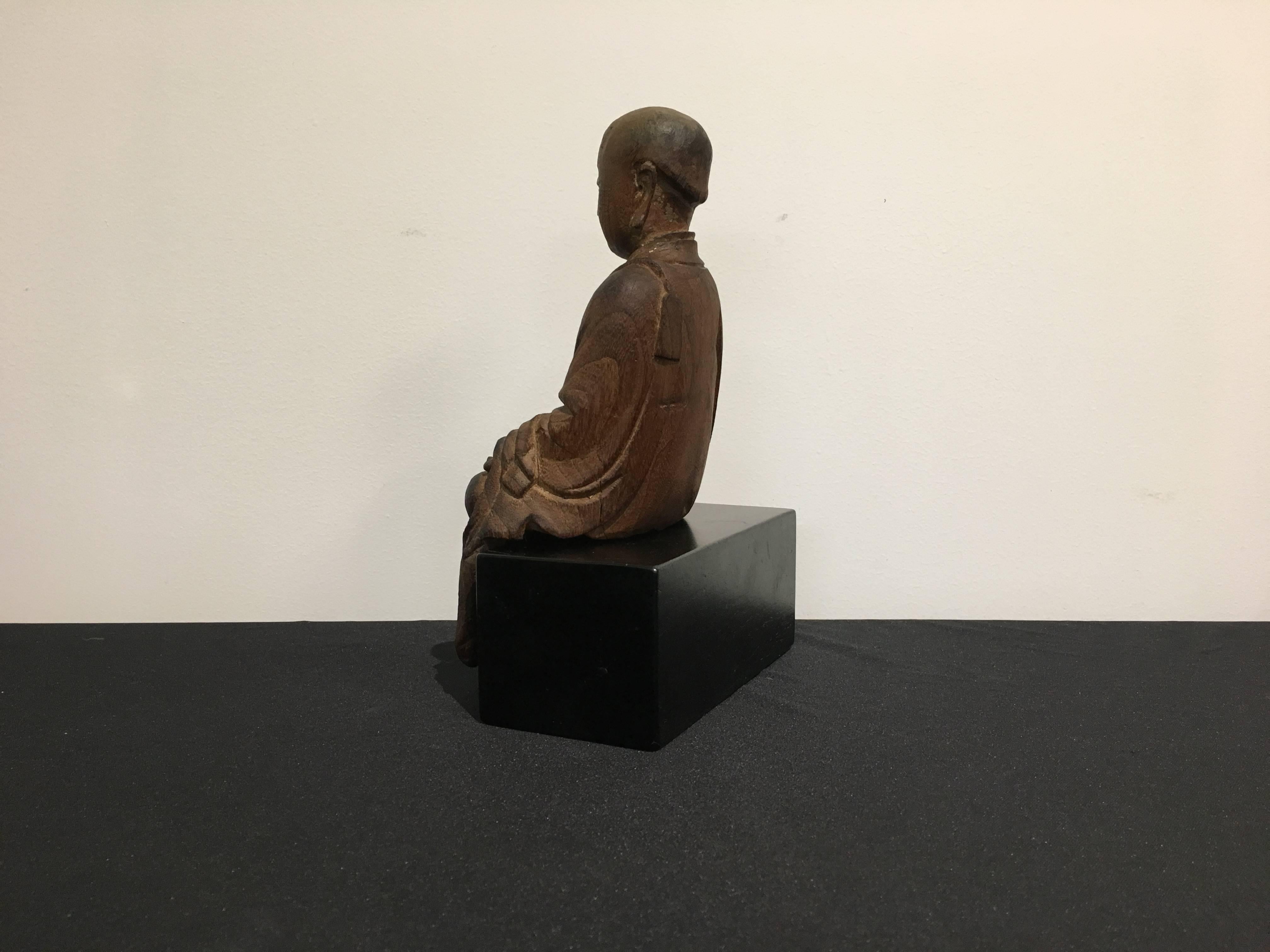 Chinese Carved Wood Figure of Ksitigarbha, Yuan Dynasty, 14th Century In Good Condition In Austin, TX