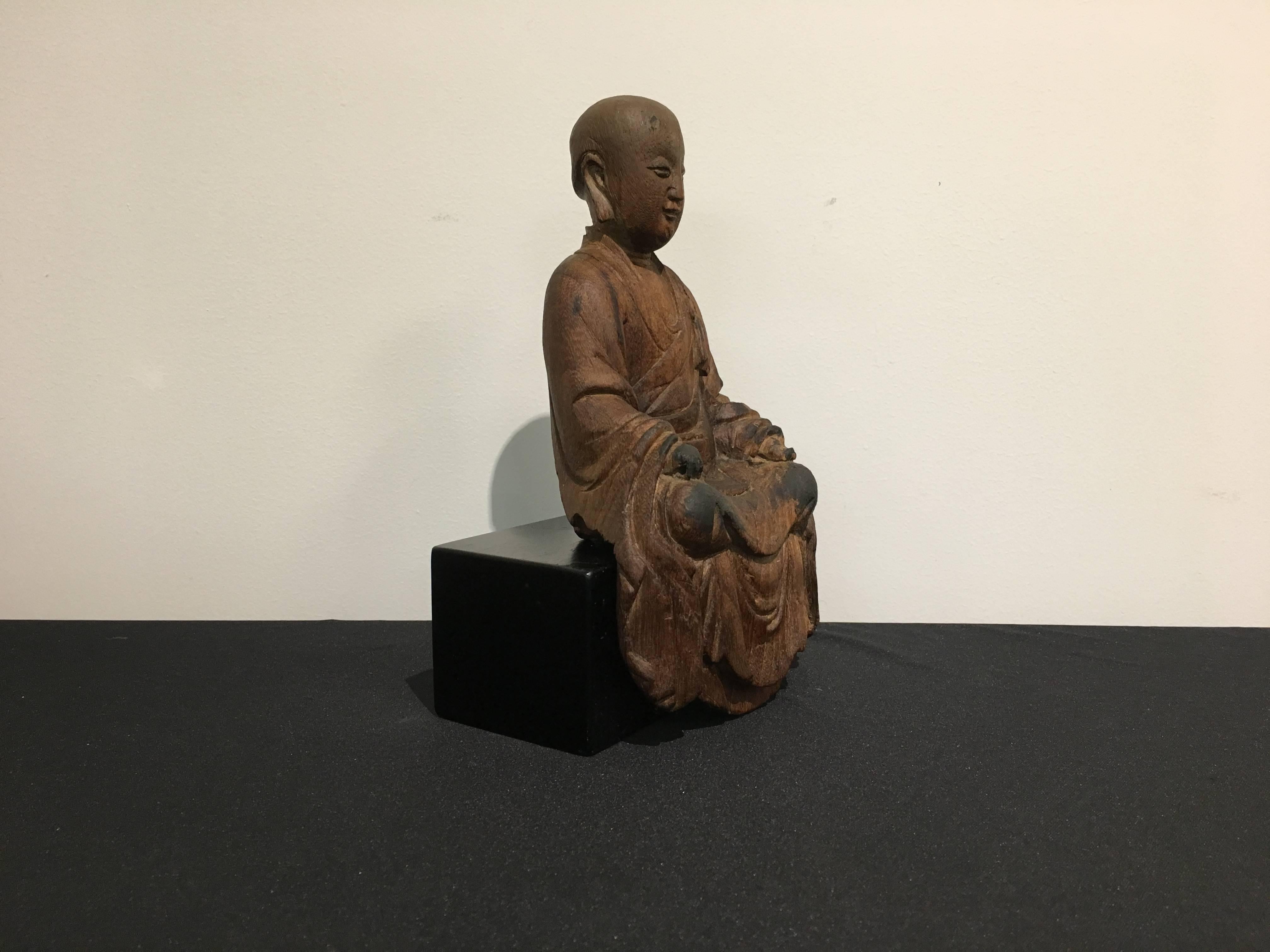 Chinese Carved Wood Figure of Ksitigarbha, Yuan Dynasty, 14th Century 1