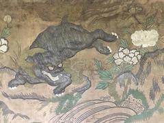 Framed Japanese Metallic Thread Temple Embroidery of a Shishi, Edo Period