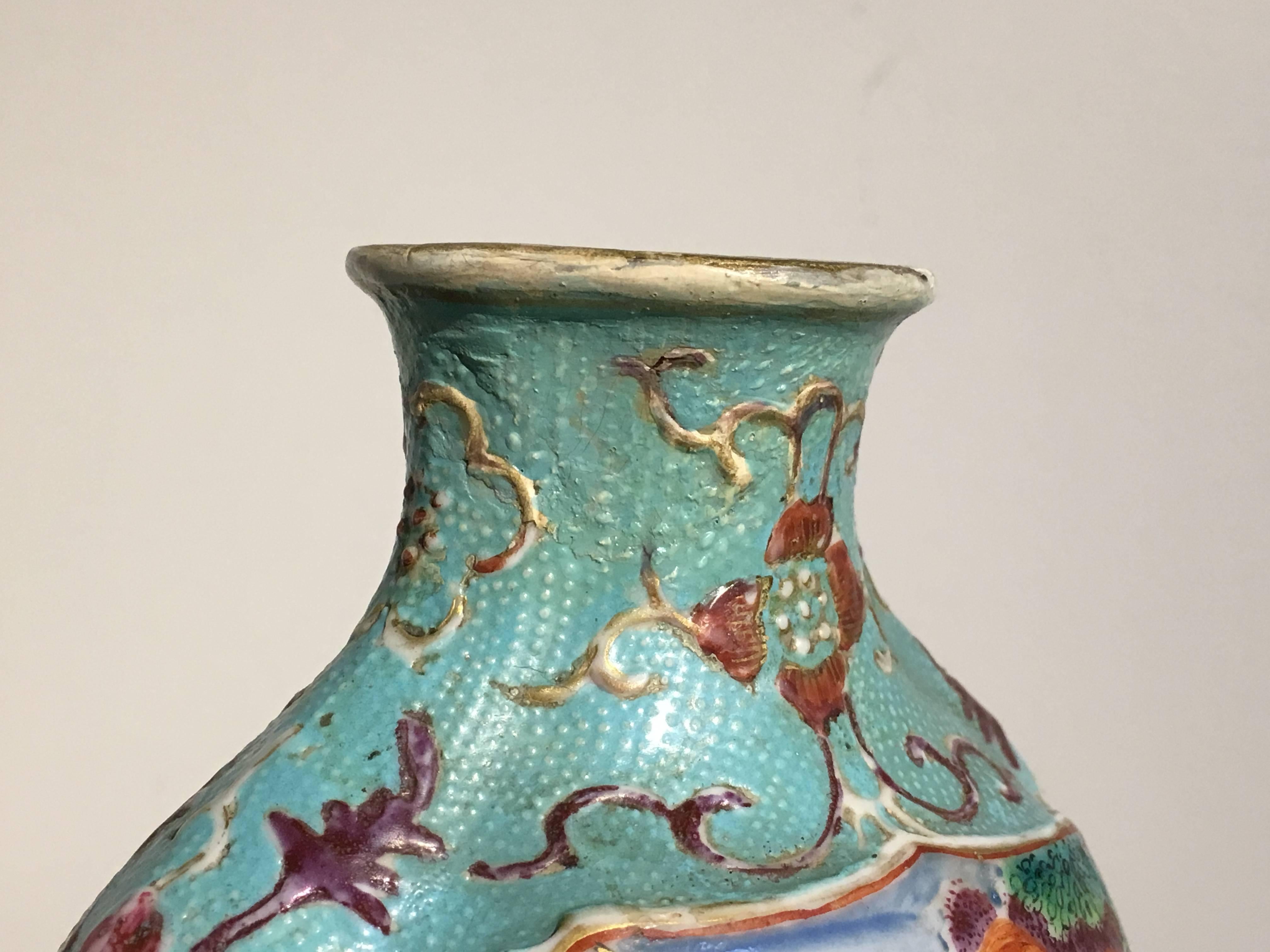 Porcelain Pair of Late 18th Century Chinese Export Mandarin Turquoise Vases