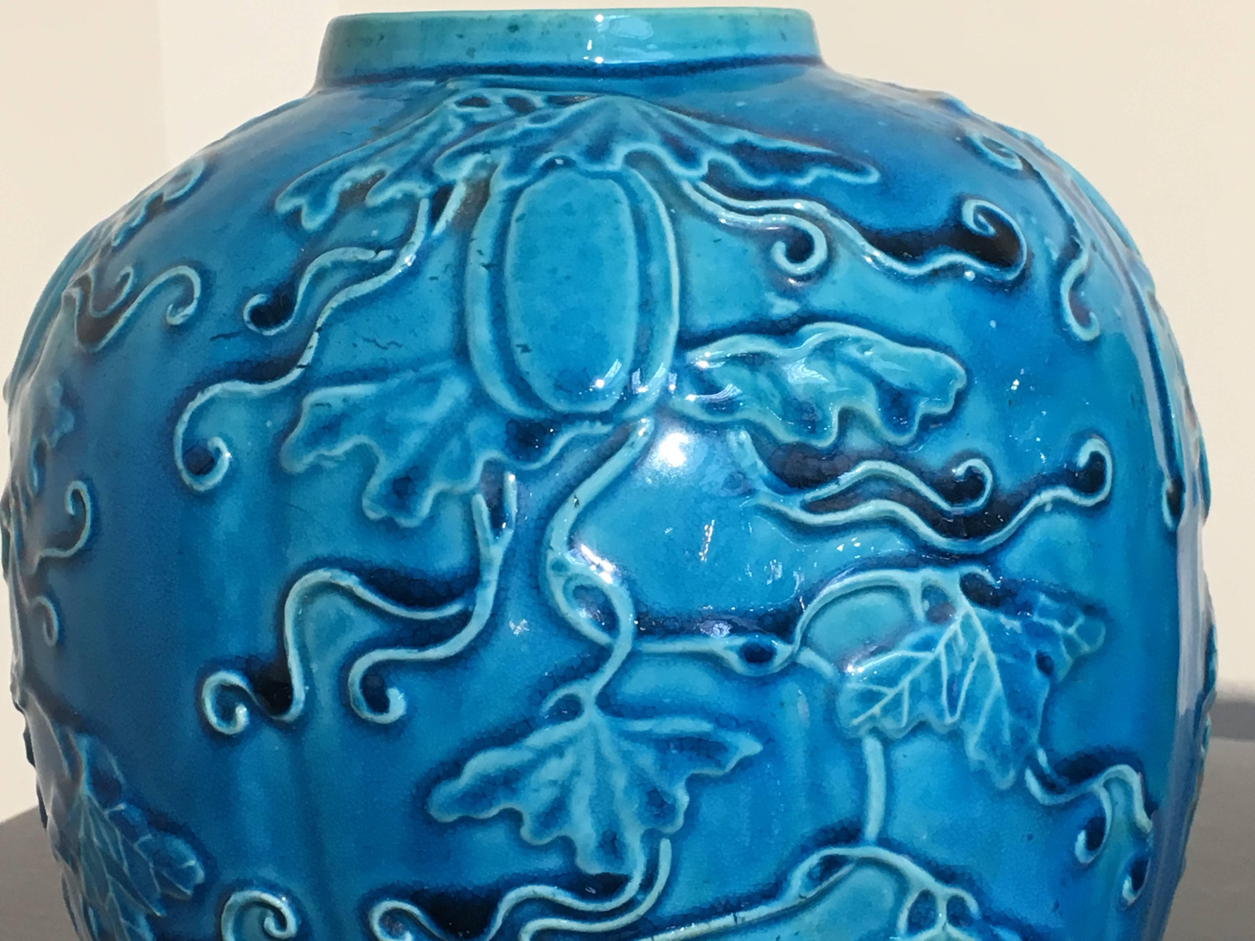 Early 20th Century Pair Chinese Over Molded Turquoise Melon Form Ginger Jars, Qing Dynasty
