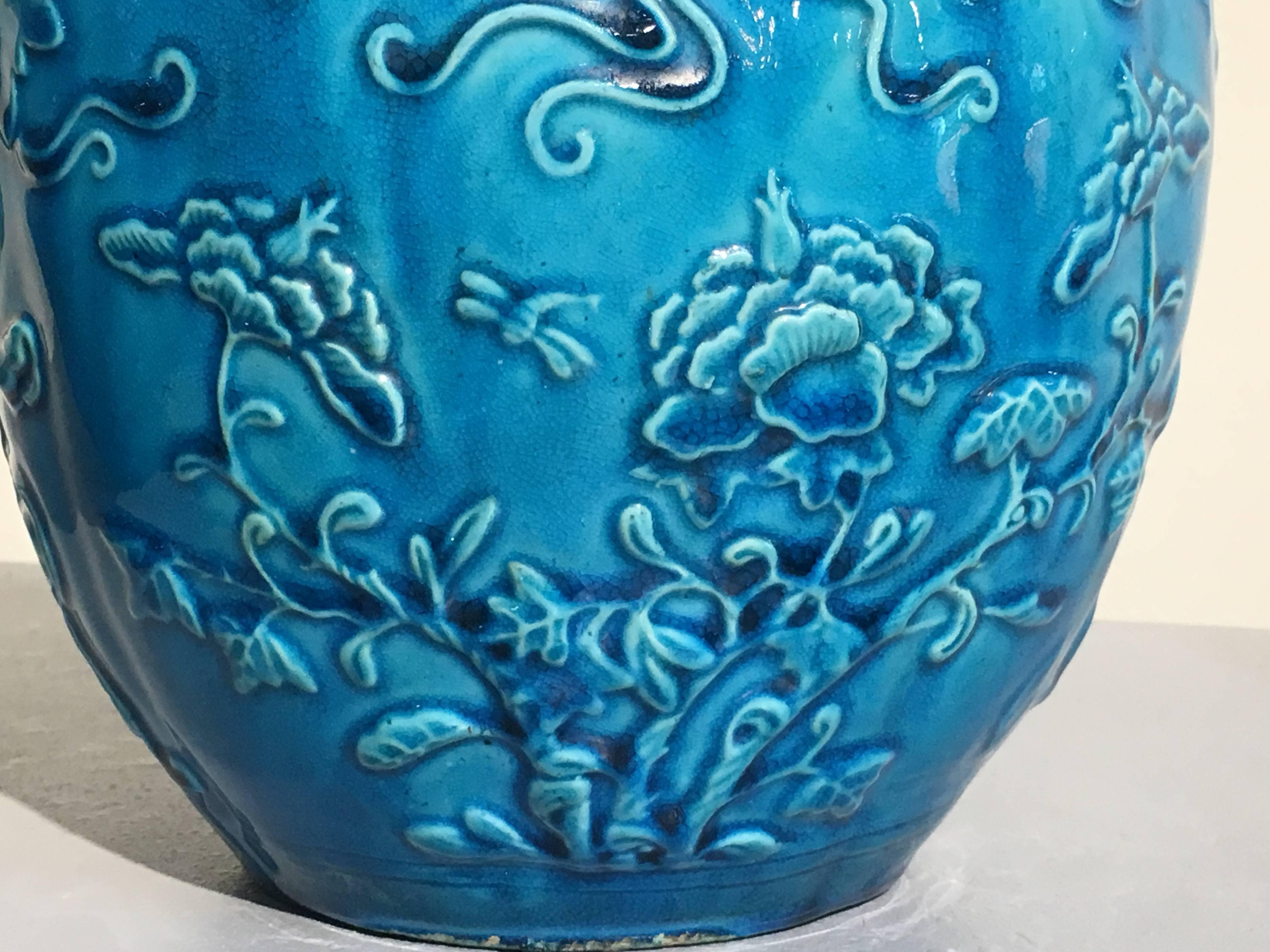 Porcelain Pair Chinese Over Molded Turquoise Melon Form Ginger Jars, Qing Dynasty