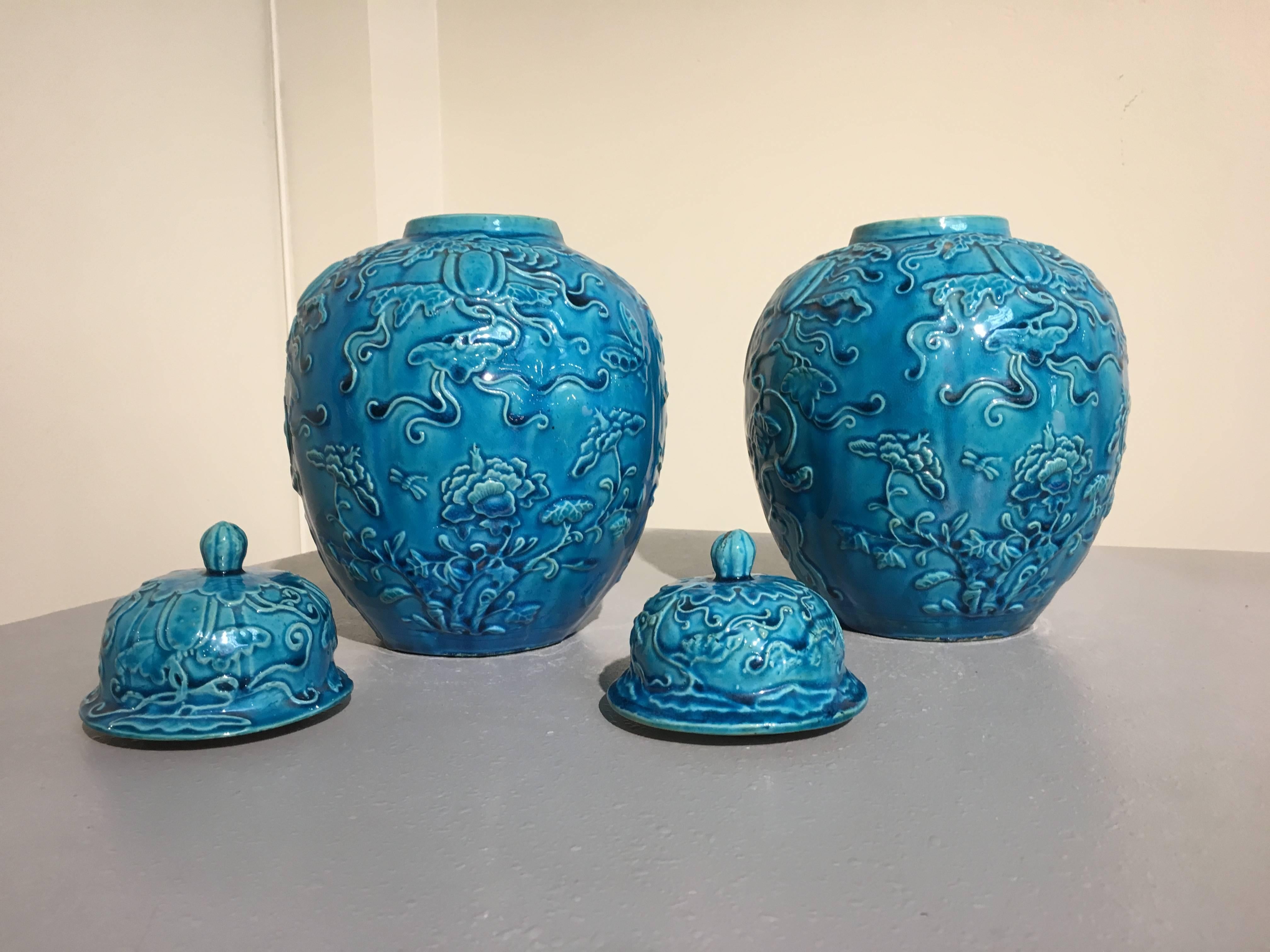 Pair Chinese Over Molded Turquoise Melon Form Ginger Jars, Qing Dynasty  In Good Condition In Austin, TX