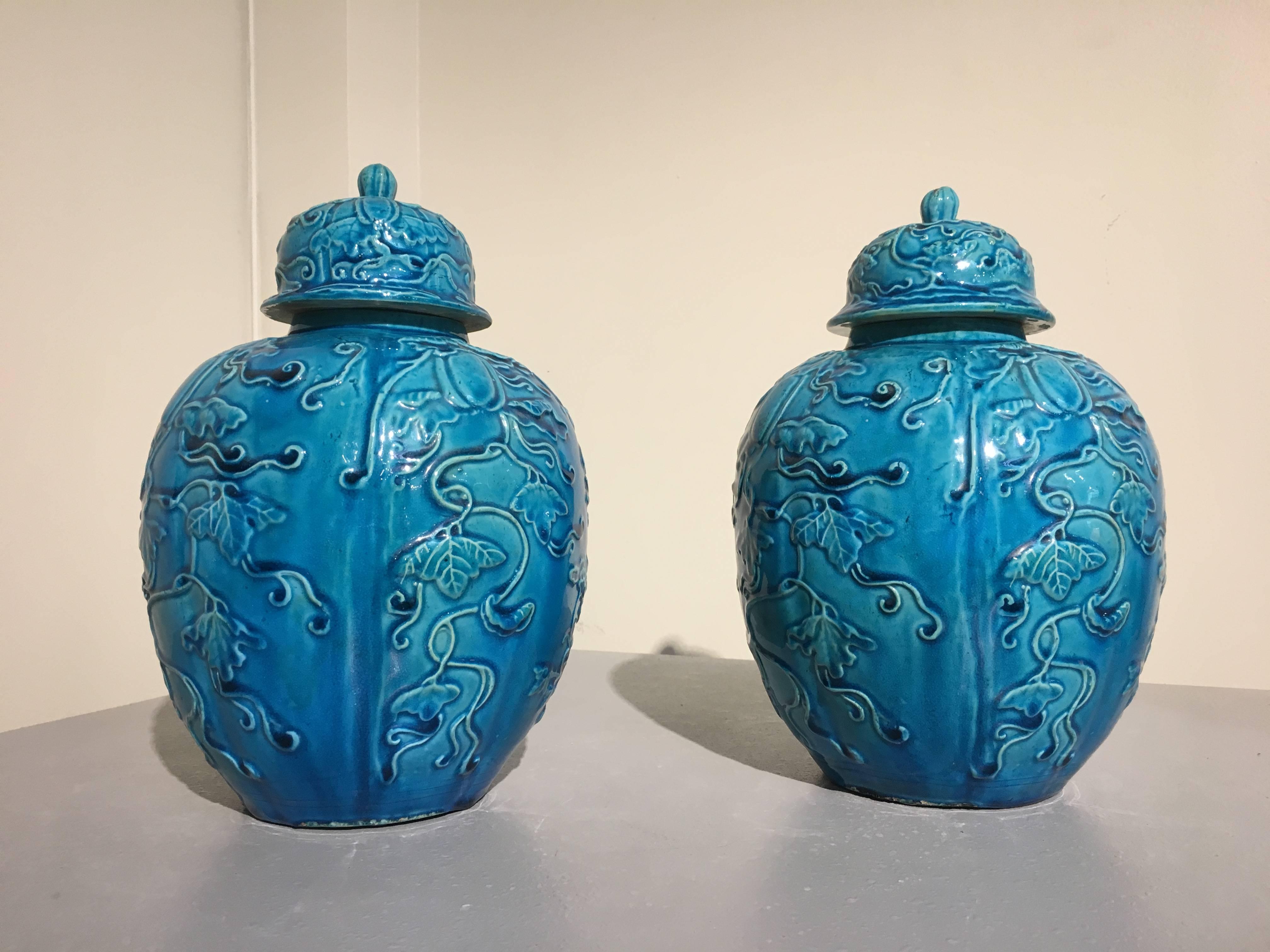 A stunning pair of Chinese Qing Dynasty turquoise glazed melon form lidded ginger jars with over molded decorations, late 19th or early 20th century, China.

The jars with lobed, globular bodies, decorated in over molded relief with a central spray