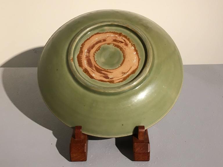 Glazed Ming Dynasty Longquan Celadon Dish with Geometric Design, 15th Century For Sale