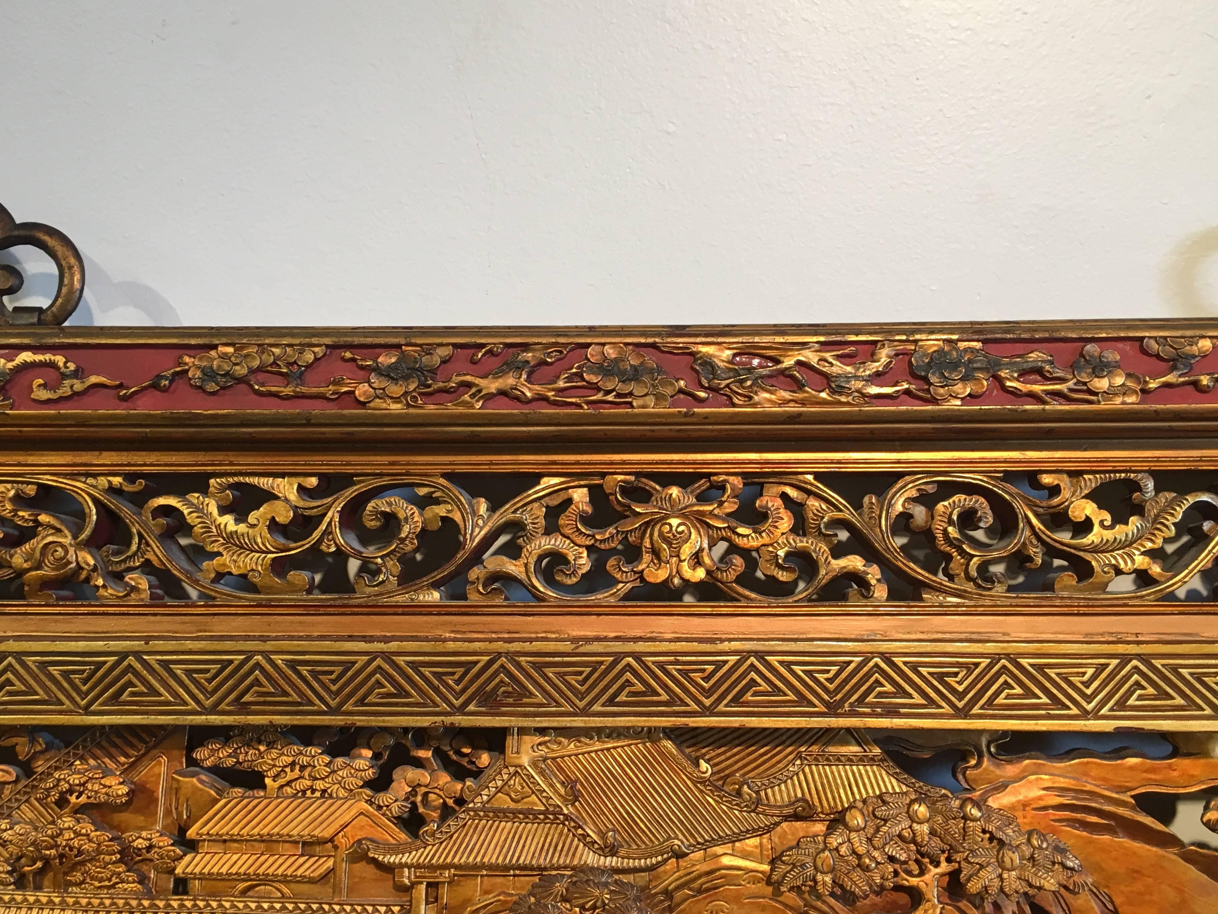 Wood Chinese Carved and Pierced Double-Sided Gilt Lacquer Wall Panel, Qing Dynasty