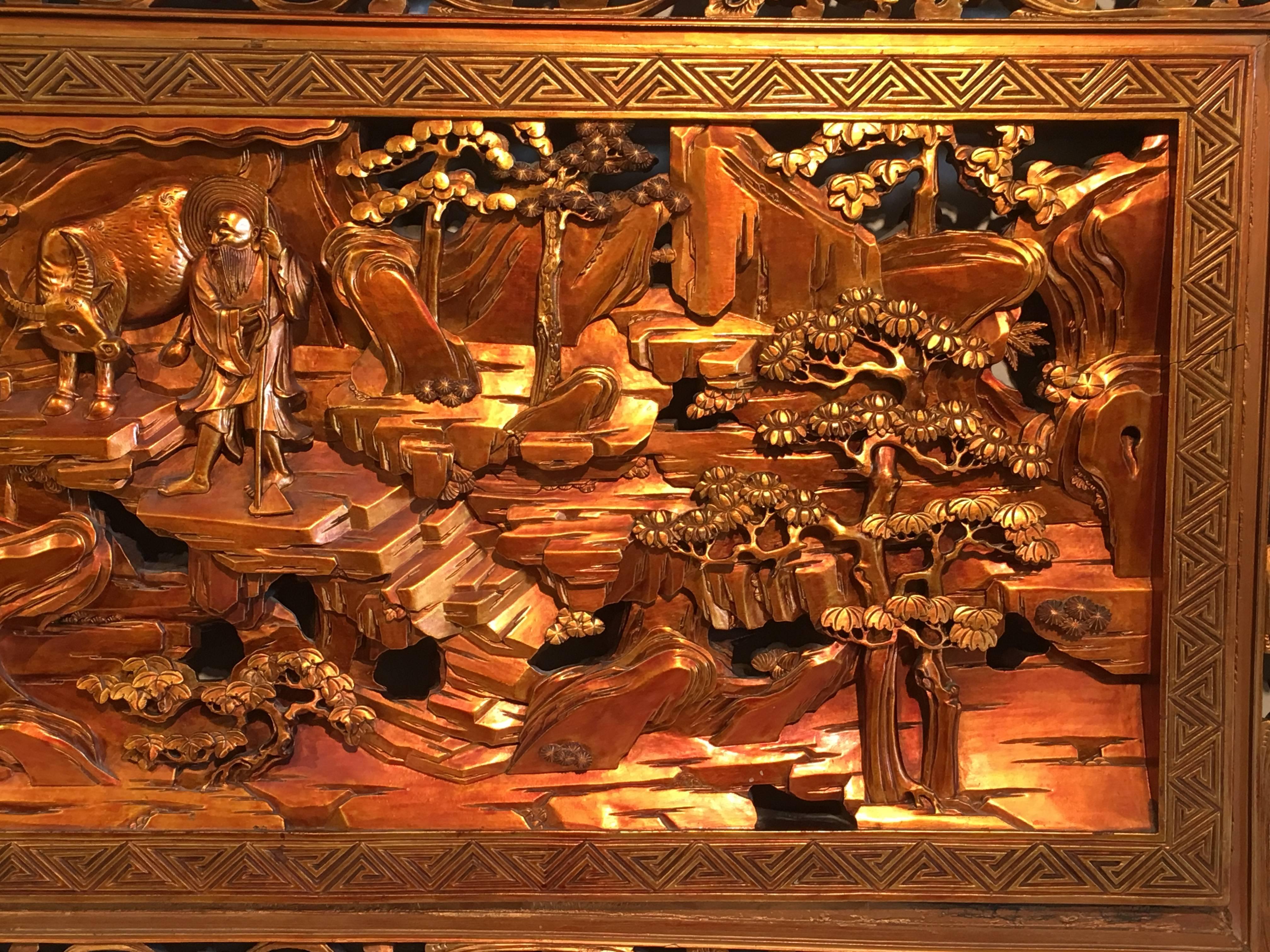 19th Century Chinese Carved and Pierced Double-Sided Gilt Lacquer Wall Panel, Qing Dynasty