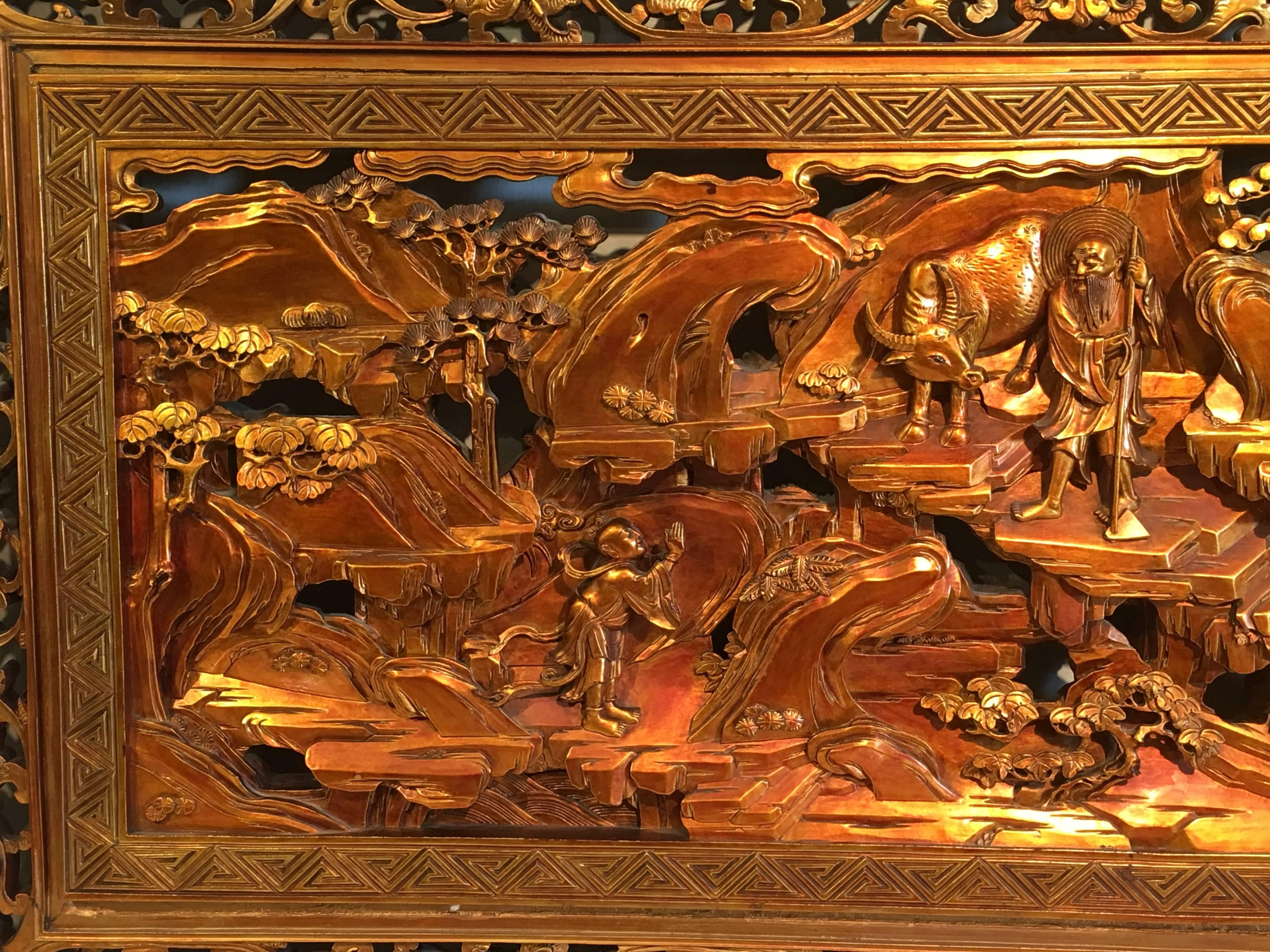 Chinese Carved and Pierced Double-Sided Gilt Lacquer Wall Panel, Qing Dynasty In Good Condition In Austin, TX