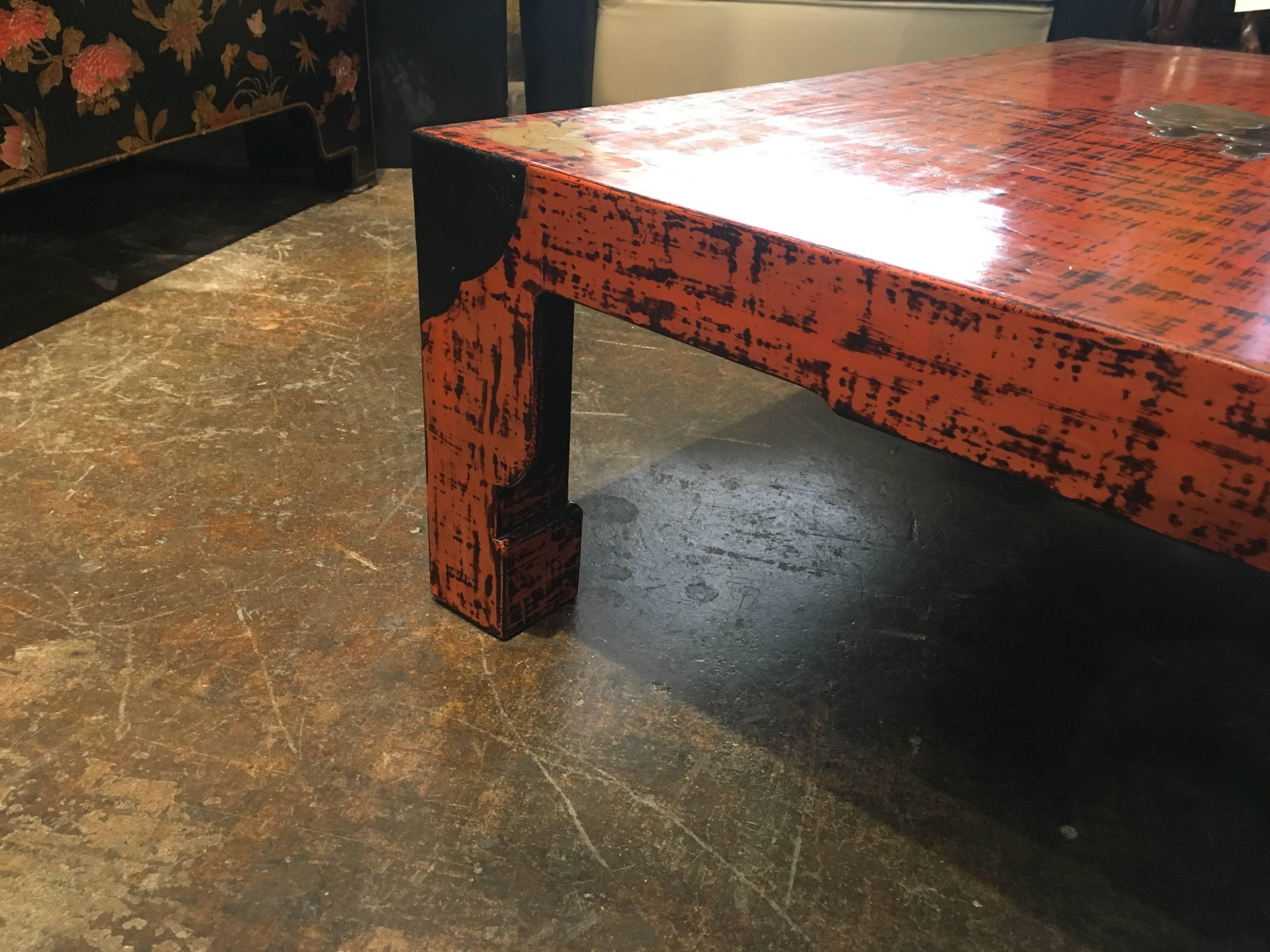 Hand-Painted Japanese Negoro Lacquer Low Table with Shishi Design, Dated 1928