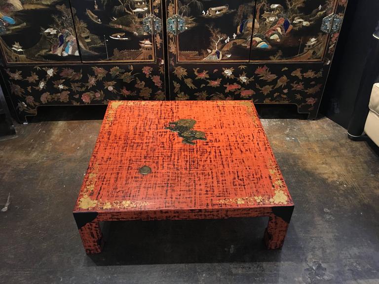 Japanese Negoro Lacquer Low Table with Shishi Design, Dated 1928 at 1stDibs