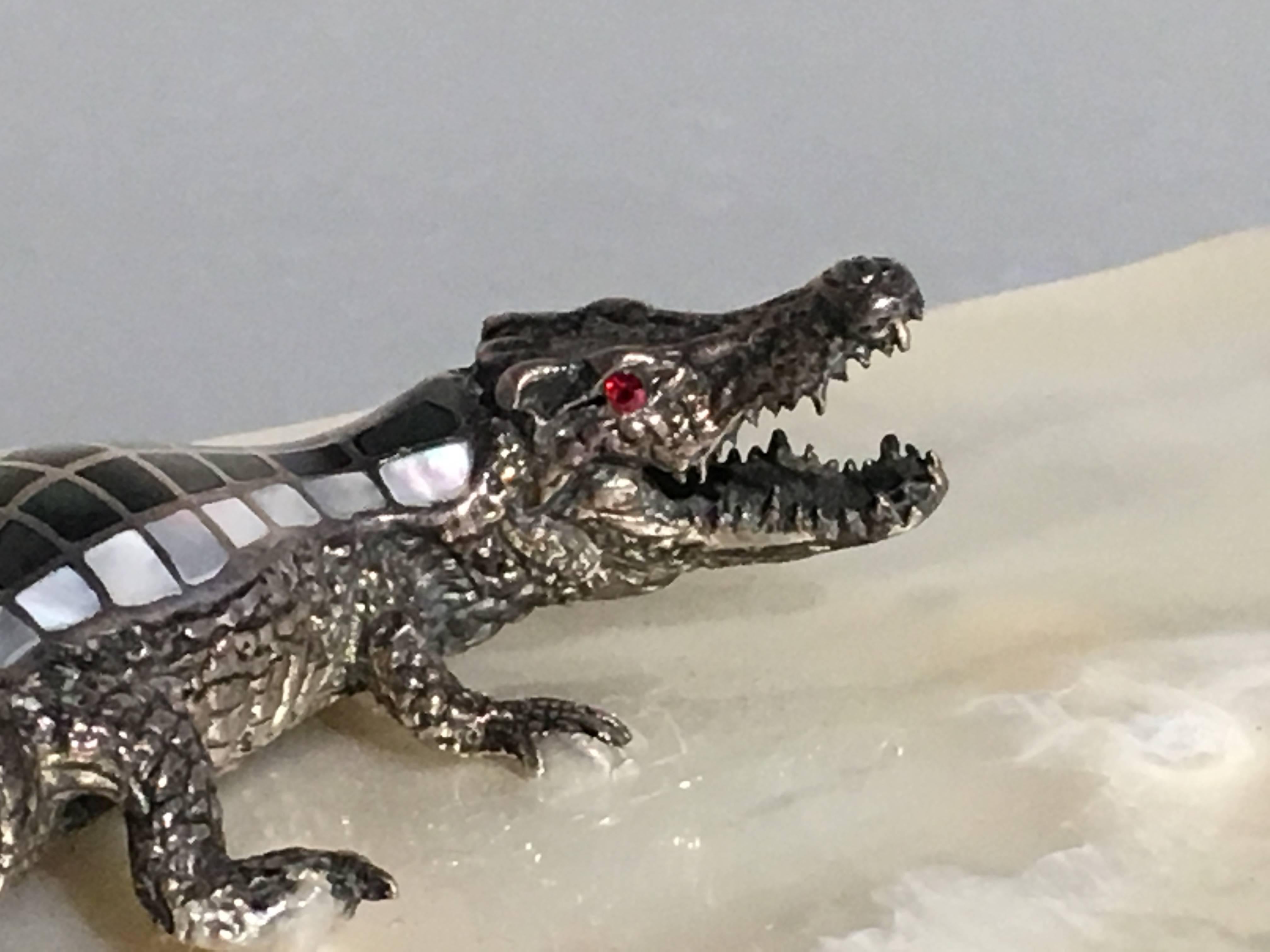 Unknown Mother-of-Pearl Shell Dish with Silver Crocodile