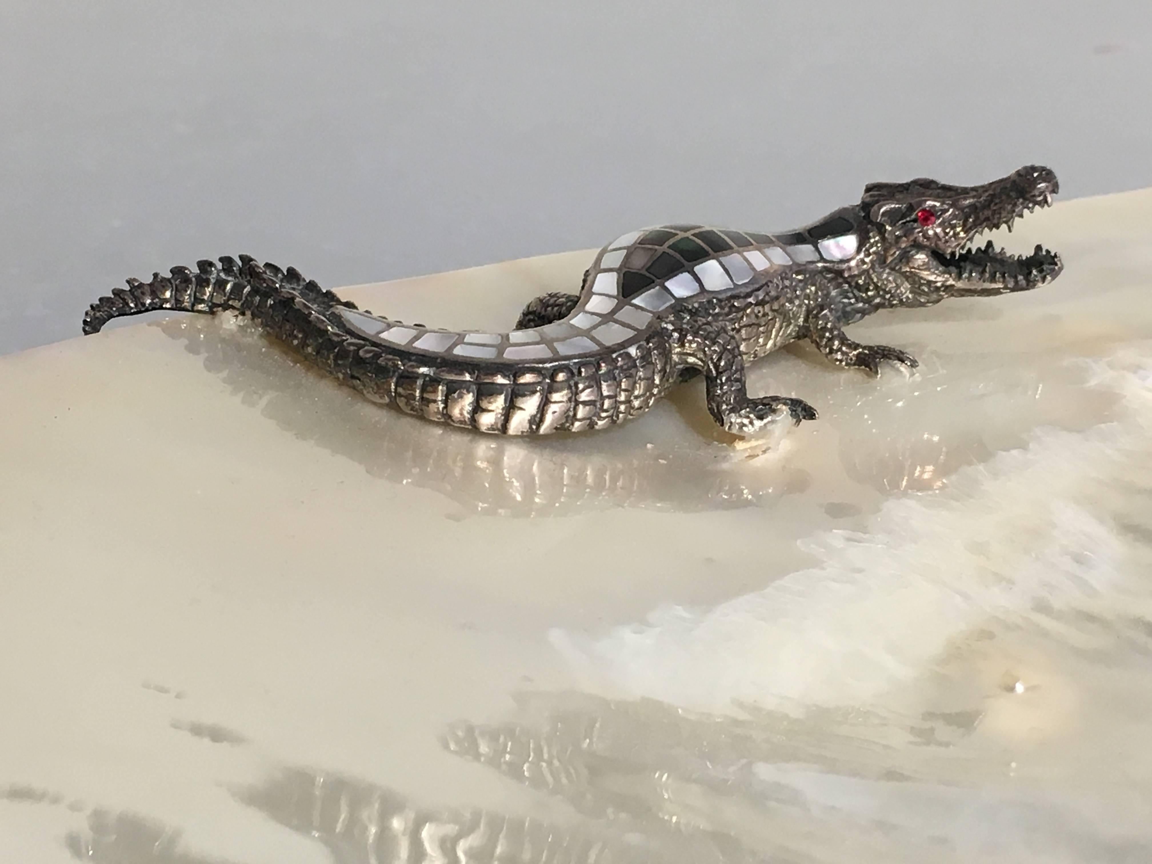 Rococo Mother-of-Pearl Shell Dish with Silver Crocodile