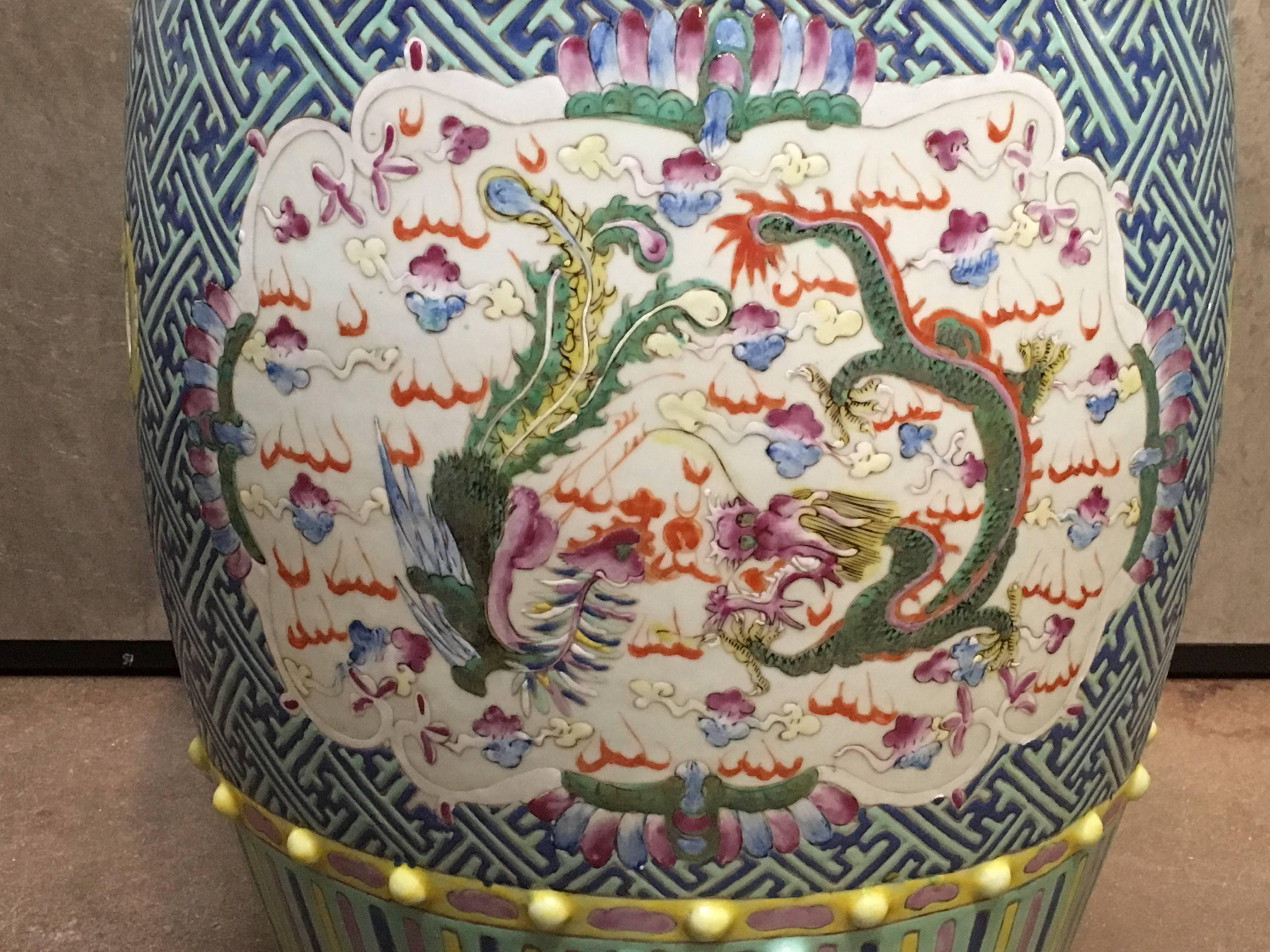 Enameled Chinese Qing Dynasty Famille Rose Dragon and Phoenix Porcelain Garden Stool