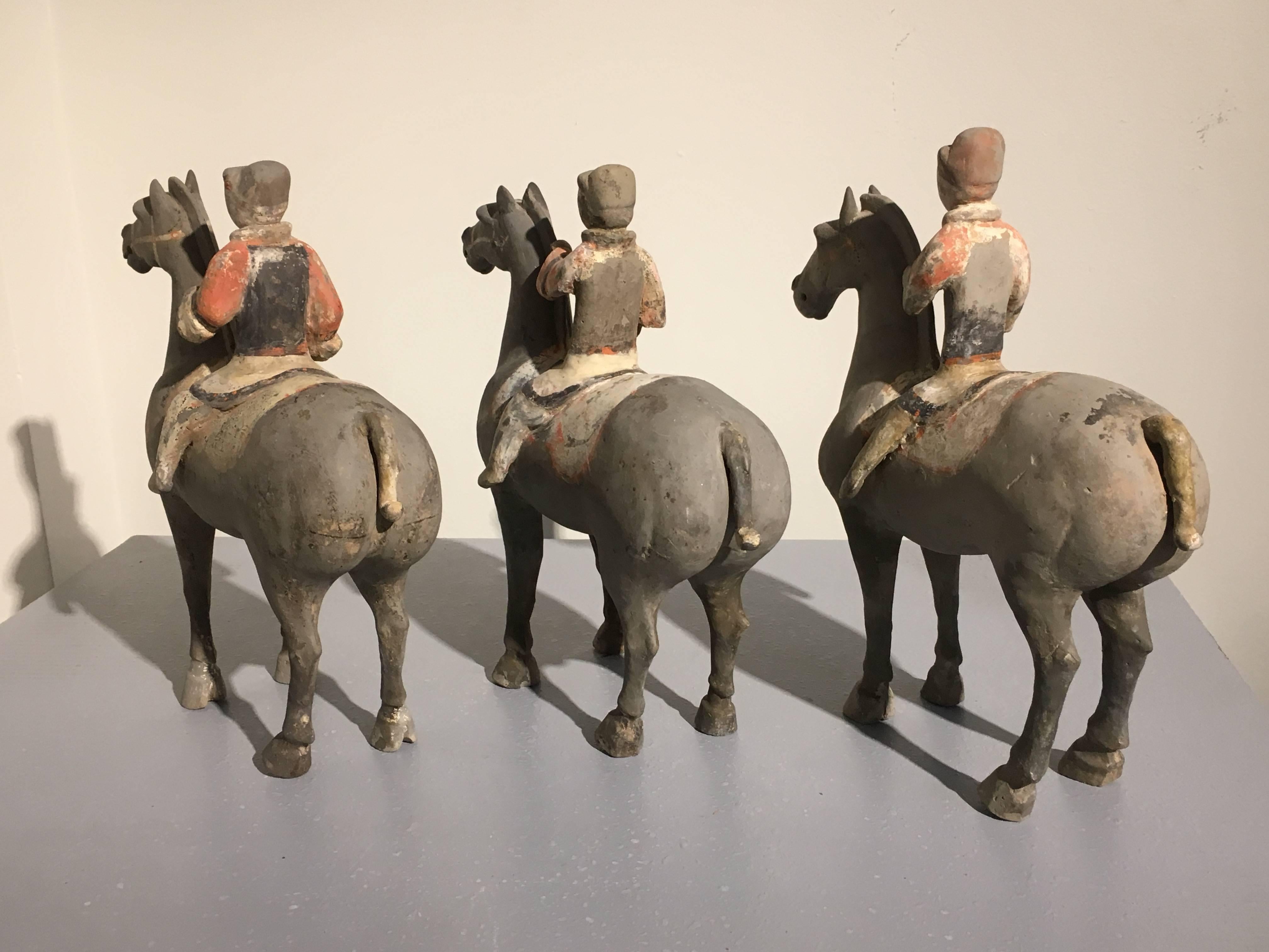 Set of Three Chinese Han Dynasty Painted Pottery Horse and Riders, TL Tested In Good Condition In Austin, TX