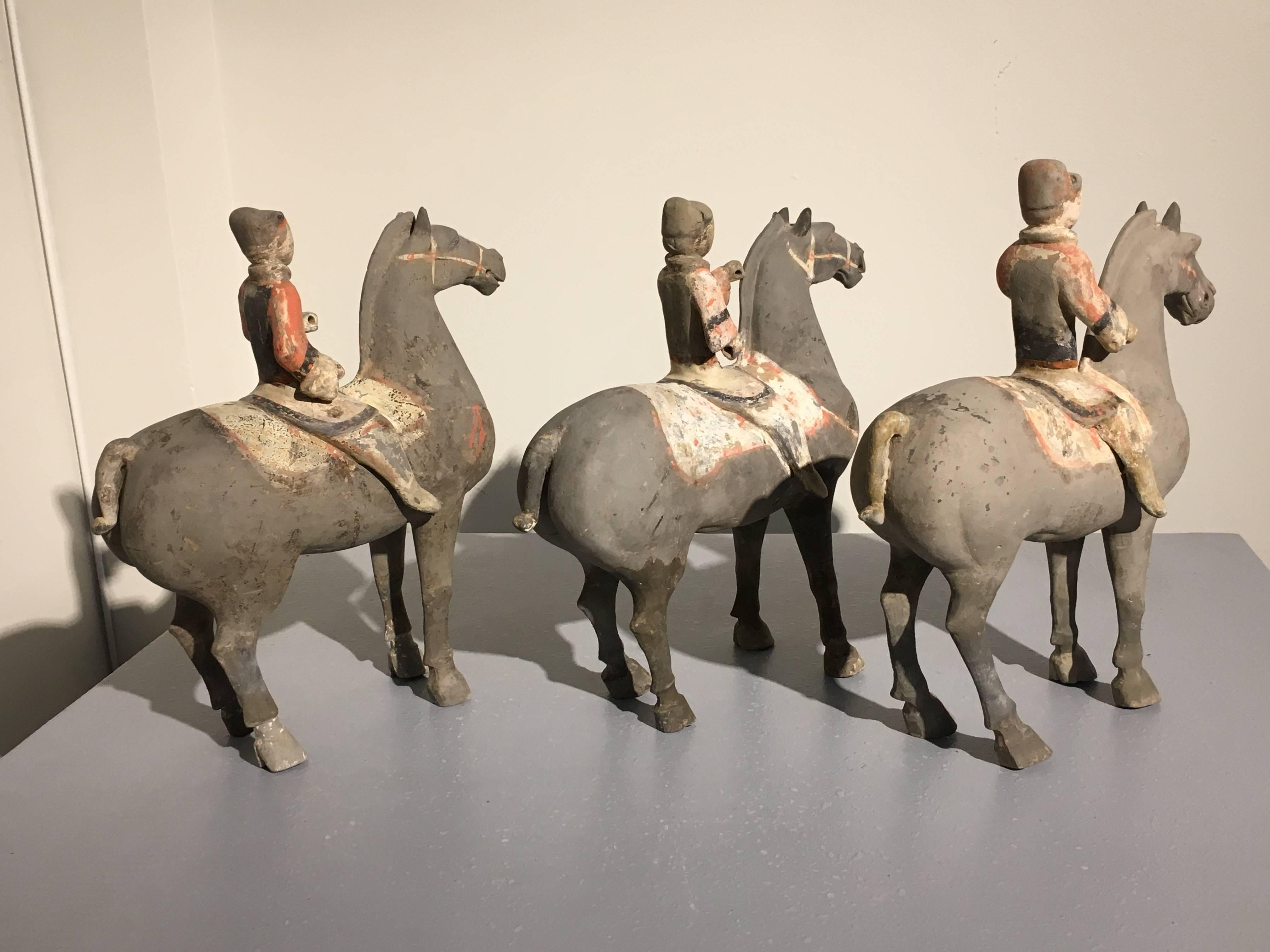 18th Century and Earlier Set of Three Chinese Han Dynasty Painted Pottery Horse and Riders, TL Tested