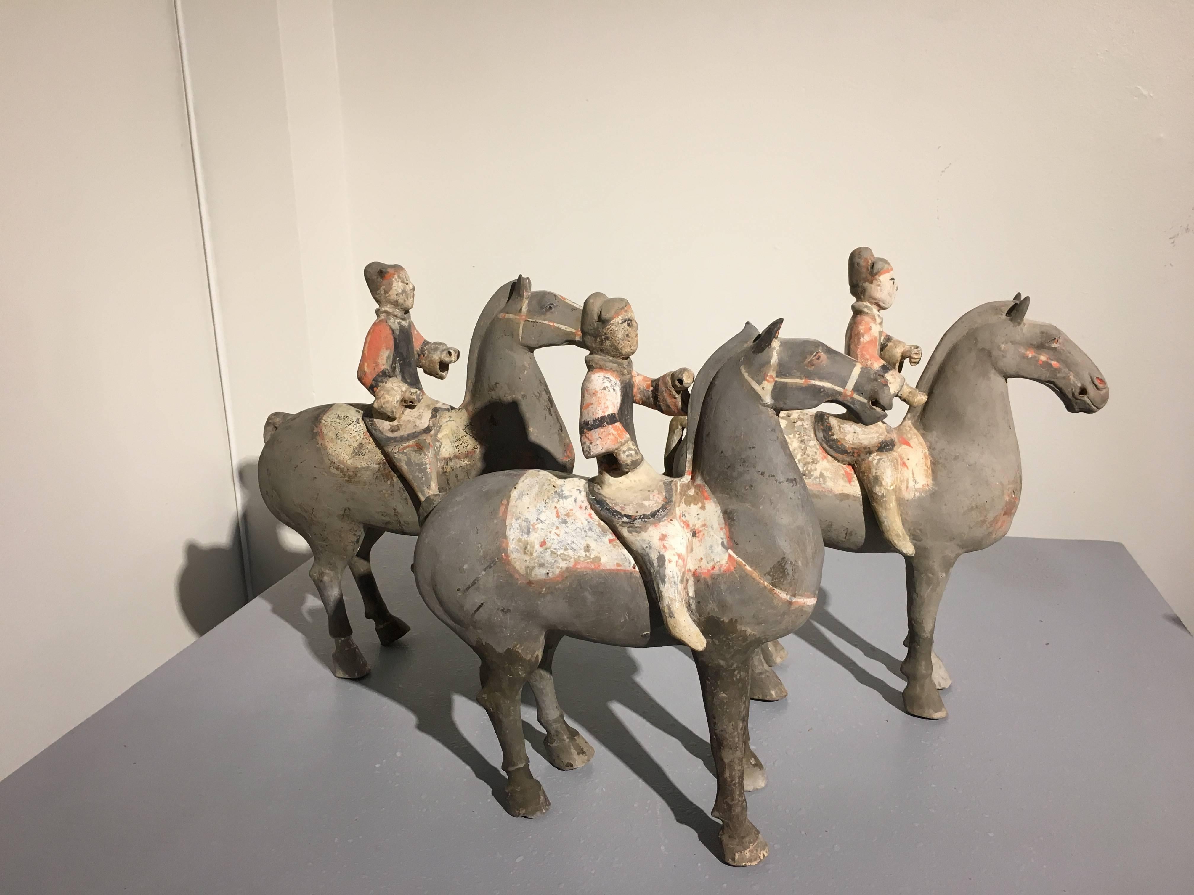 Fired Set of Three Chinese Han Dynasty Painted Pottery Horse and Riders, TL Tested