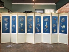 Vintage Korean Blue Silk Embroidered Eight Panel Screen, circa 1940s