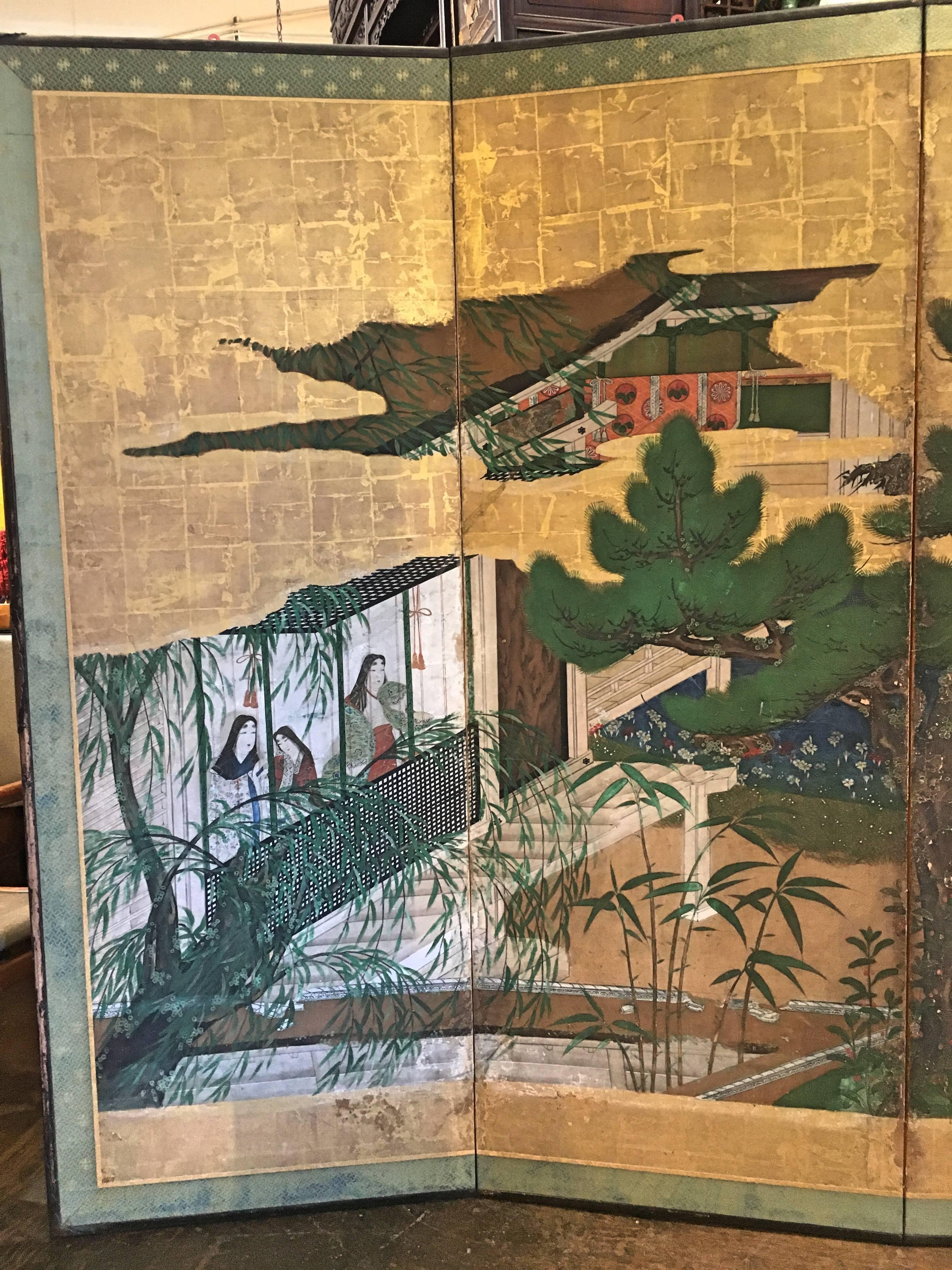 A stunning early Kano School six-panel folding screen, byobu, possibly by the Kano School master Kano Takanobu. 
The screen featuring scenes from Genji Monogatari, The Tale of Genji, the 11th century Japanese tale of court life and intrigue