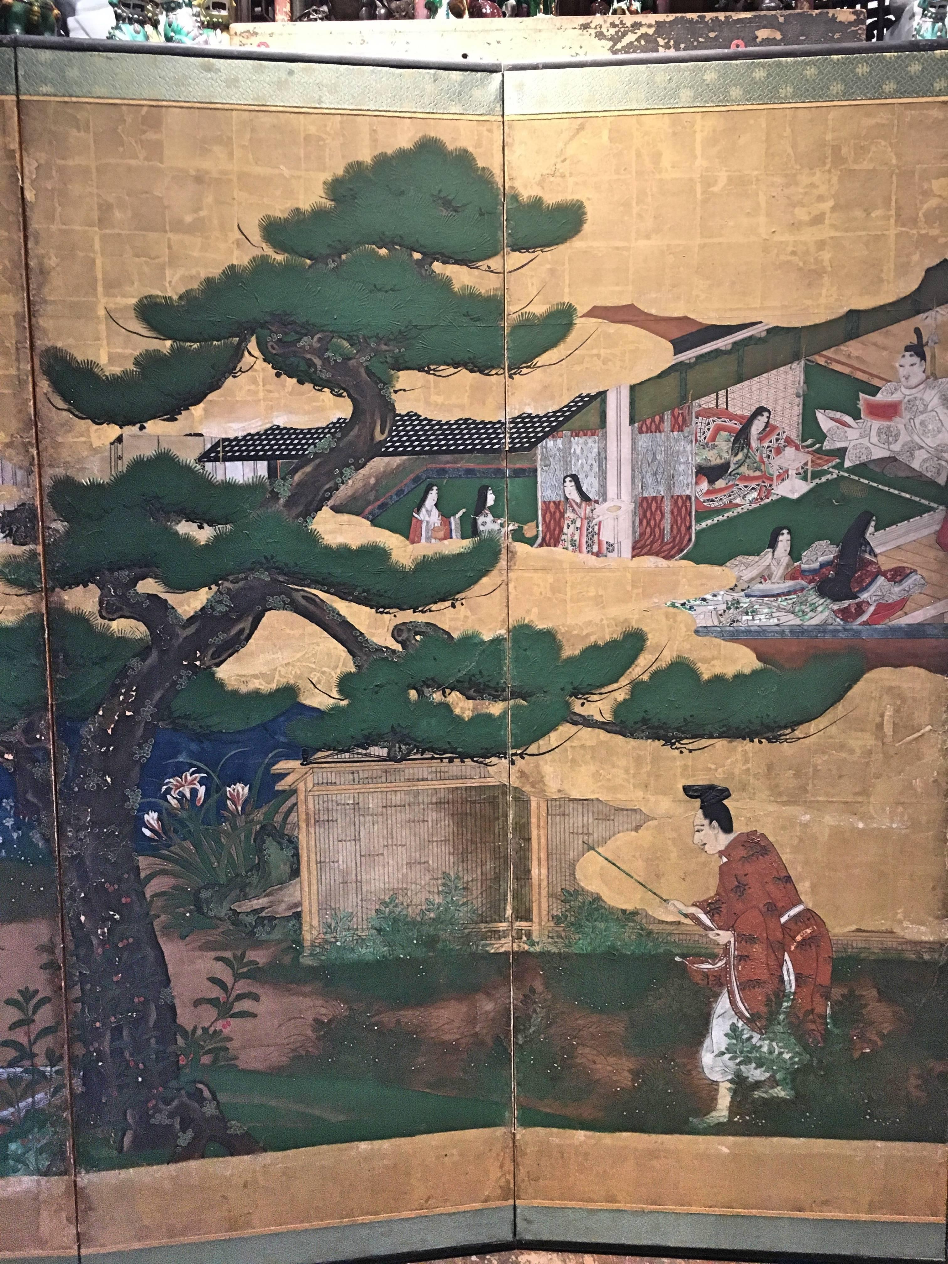 Edo Japanese Momoyama Period Kano School Figural Six-Panel Screen, circa 1600