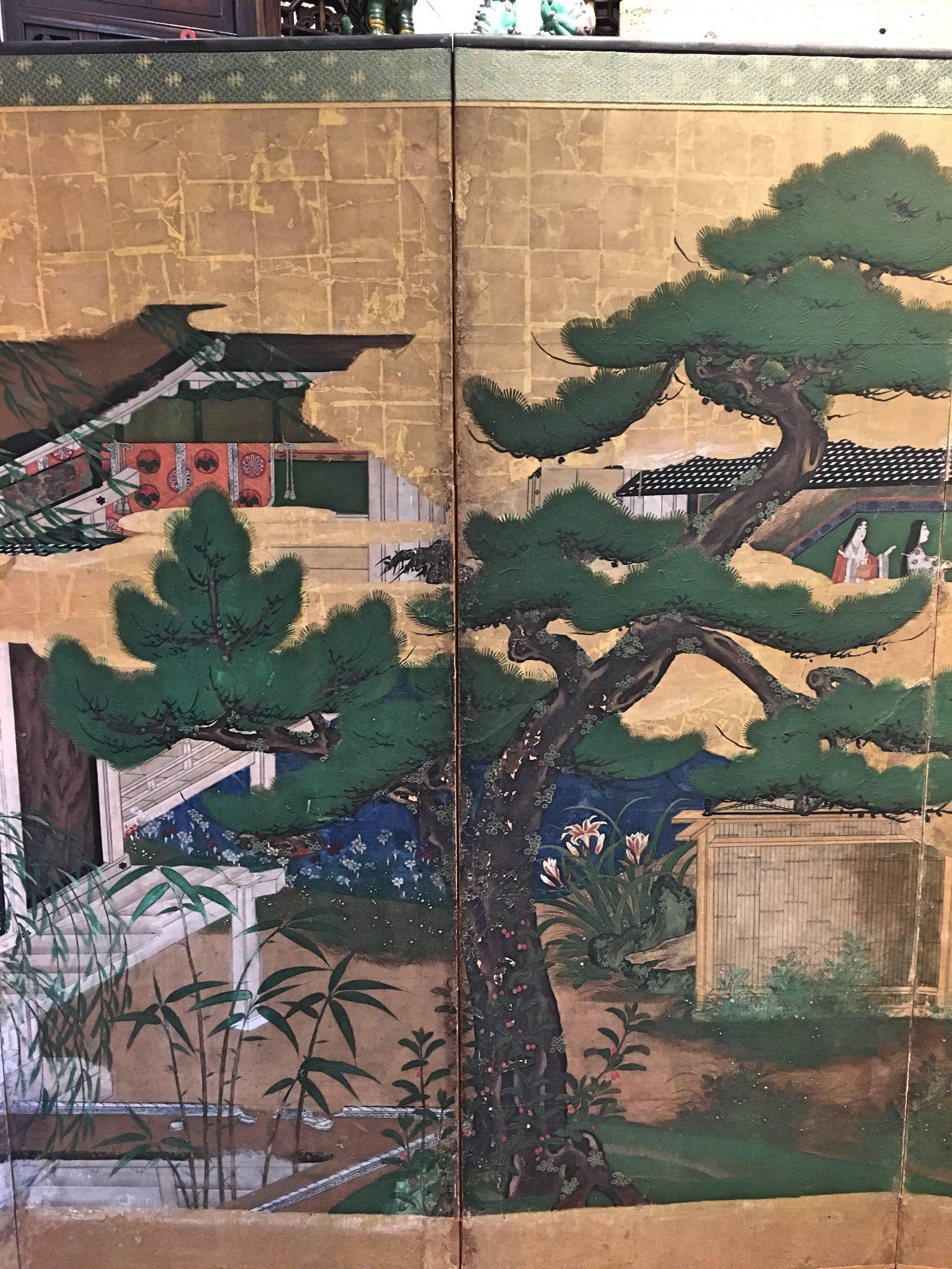 Japanese Momoyama Period Kano School Figural Six-Panel Screen, circa 1600 In Fair Condition In Austin, TX