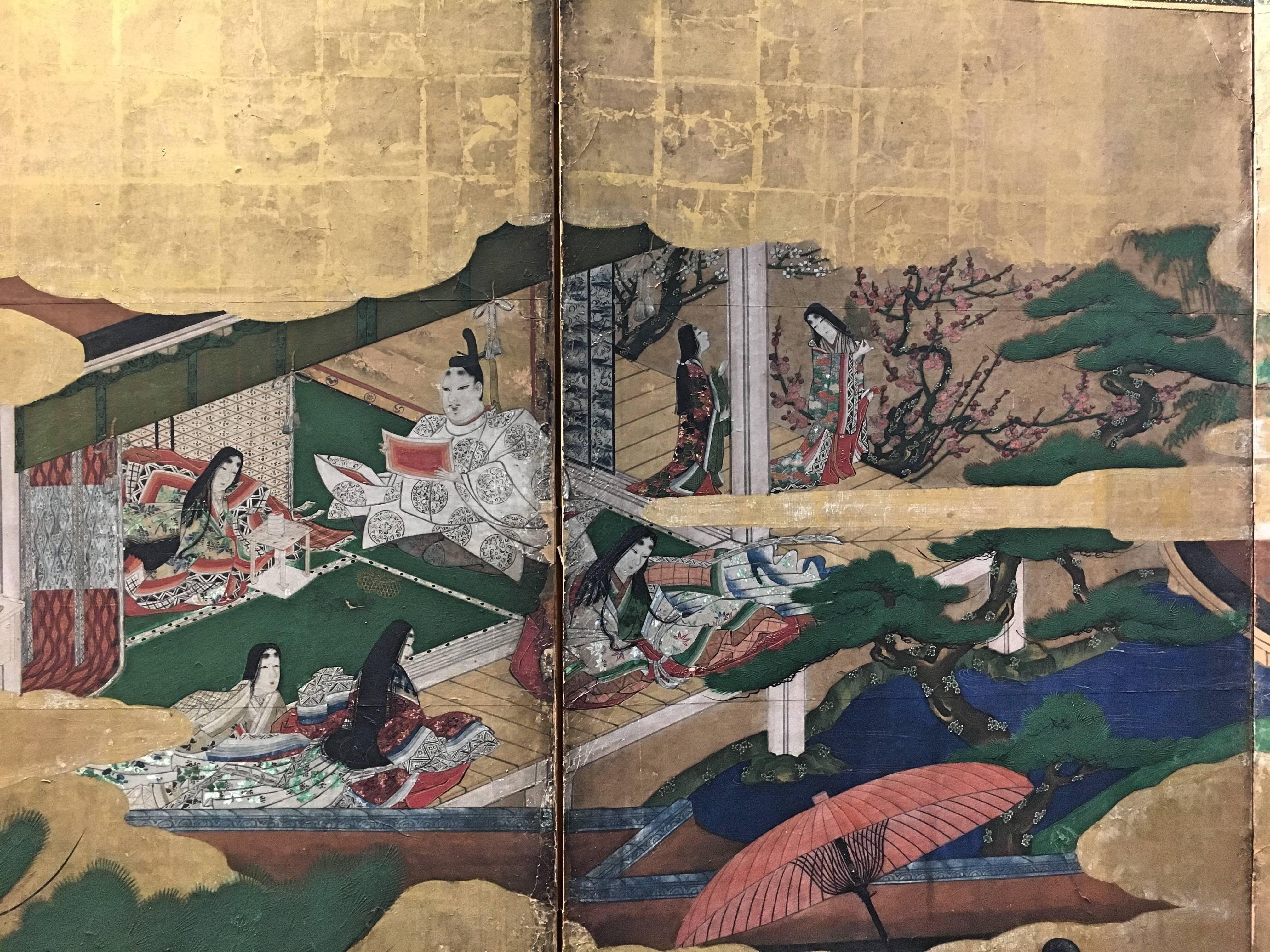 17th Century Japanese Momoyama Period Kano School Figural Six-Panel Screen, circa 1600