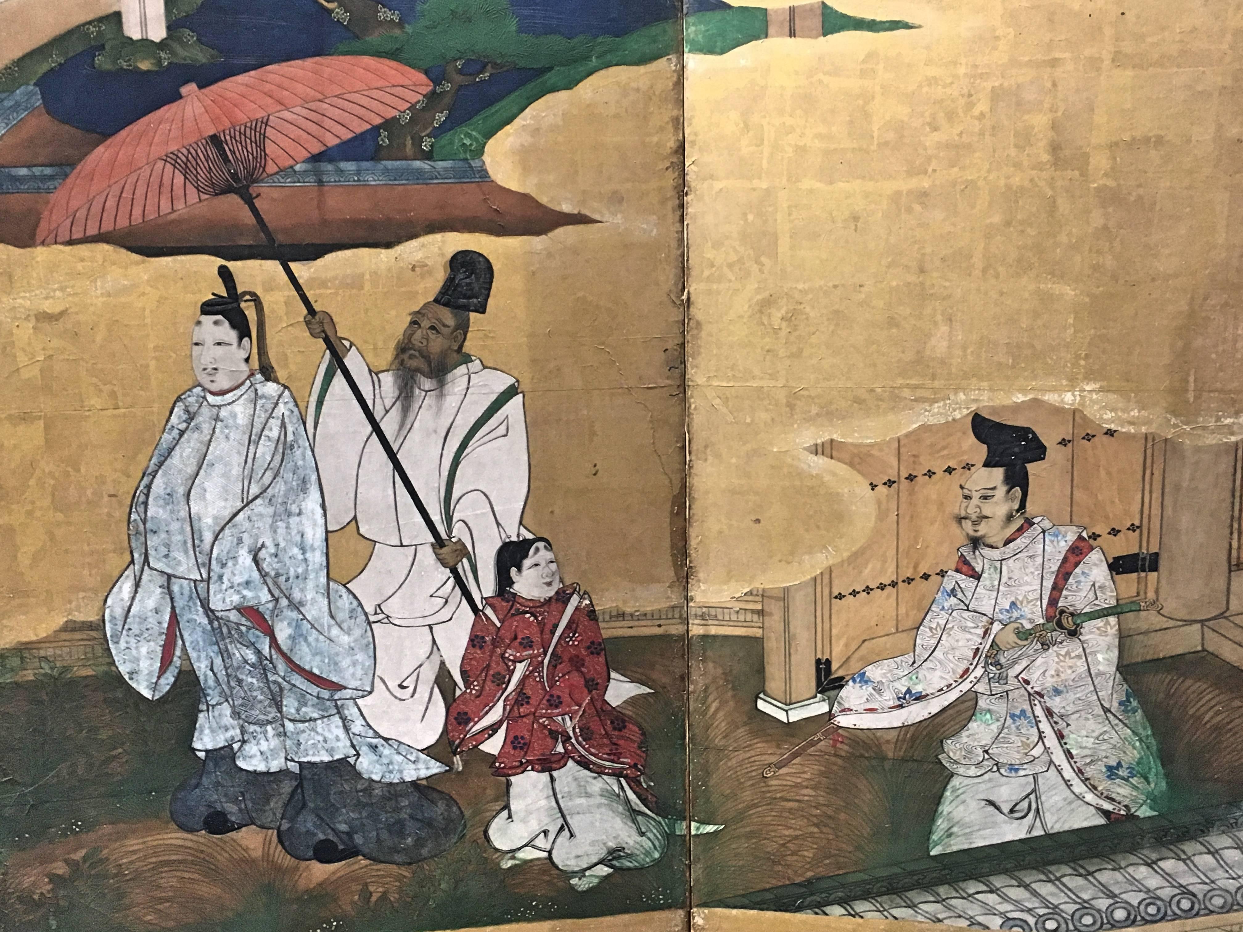 Gold Leaf Japanese Momoyama Period Kano School Figural Six-Panel Screen, circa 1600