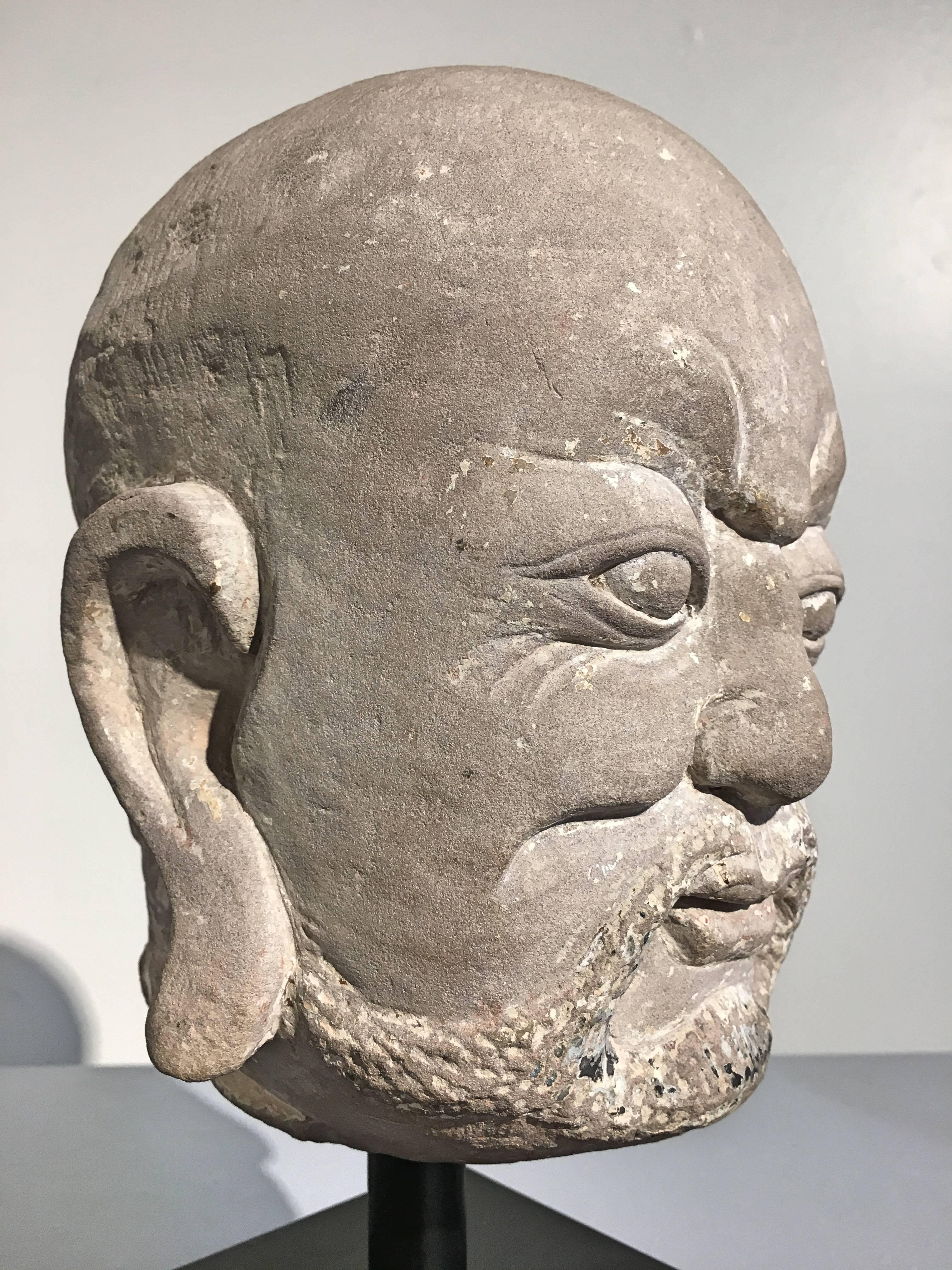 18th Century and Earlier Chinese Carved Limestone Luohan Head, Yuan Dynasty, 1271 - 1368