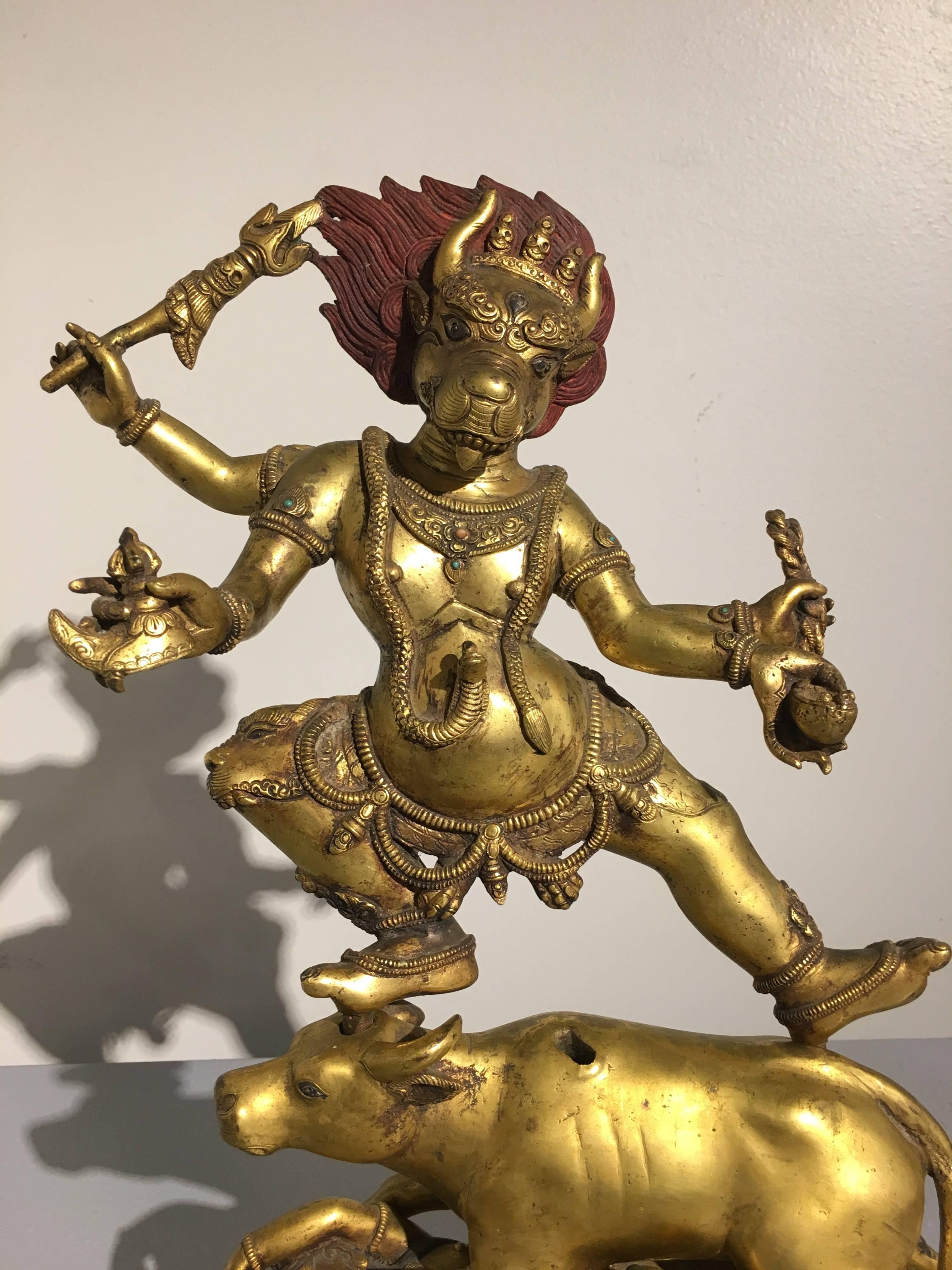 Cast Large 20th Century Nepalese Gilt Bronze Figure of Yama and Yami For Sale