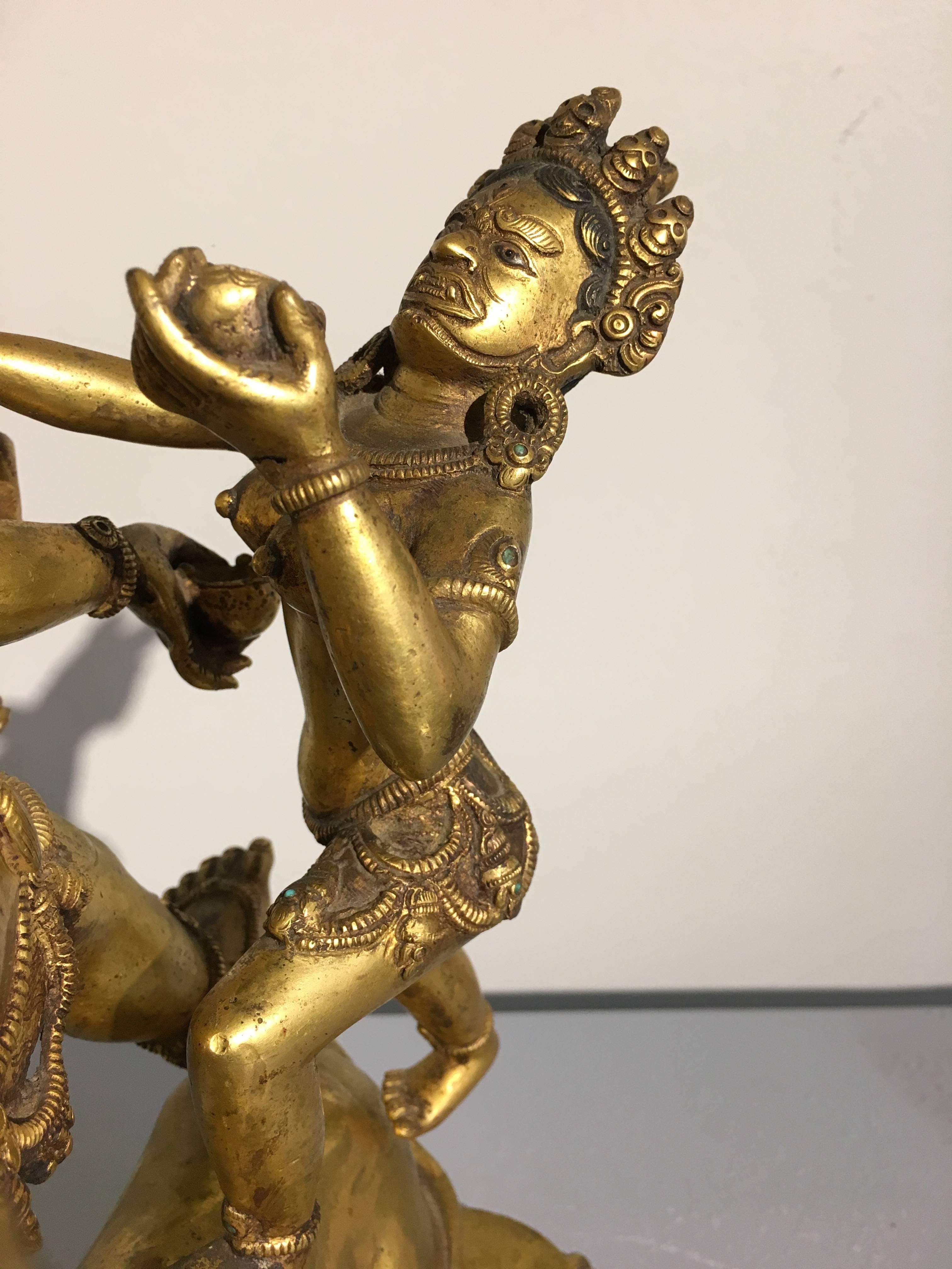 Large 20th Century Nepalese Gilt Bronze Figure of Yama and Yami In Good Condition For Sale In Austin, TX