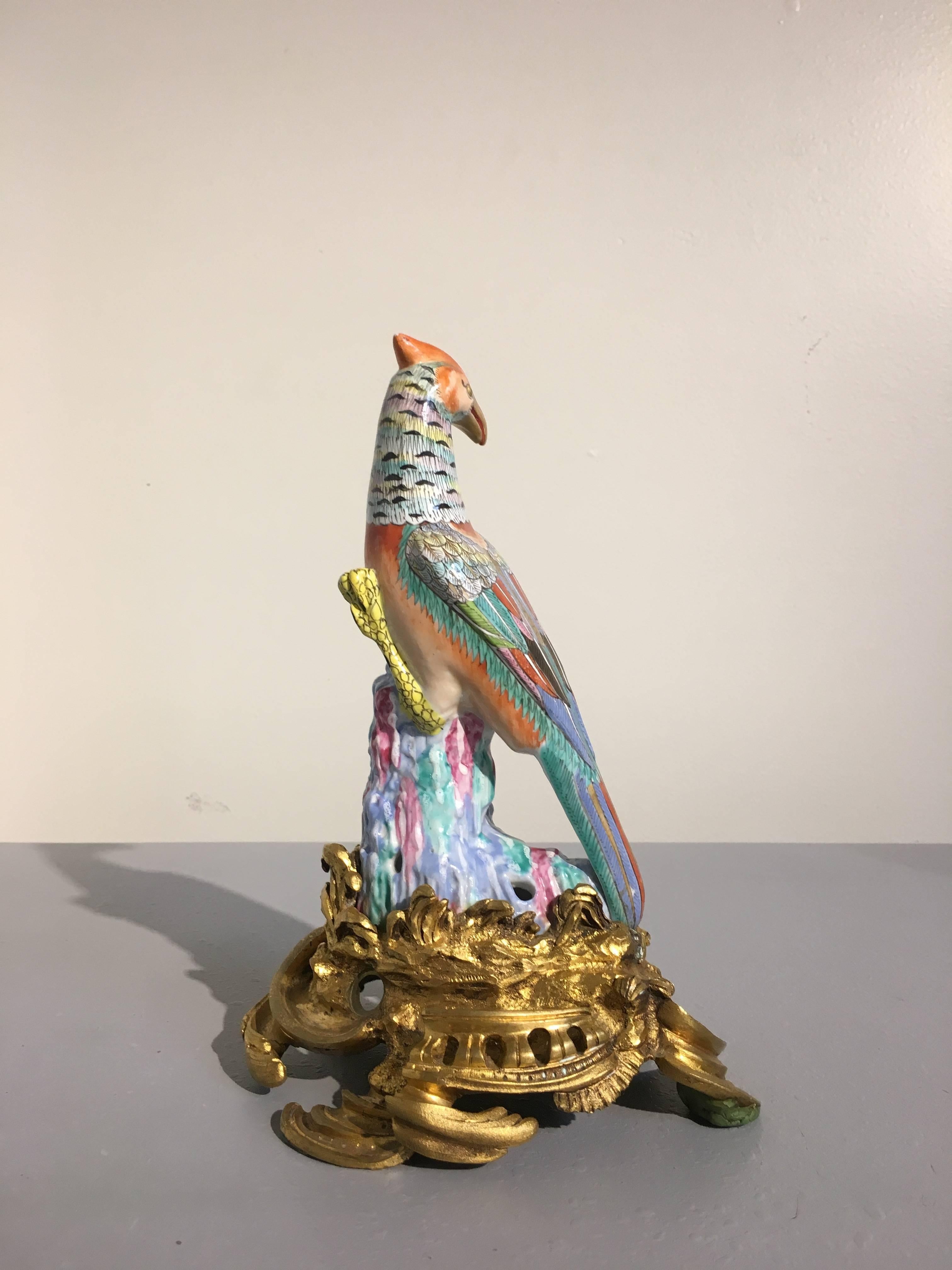 Enameled Chinese Export Famille Rose Pheasant With Ormolu Mounts, Late 19th Century For Sale