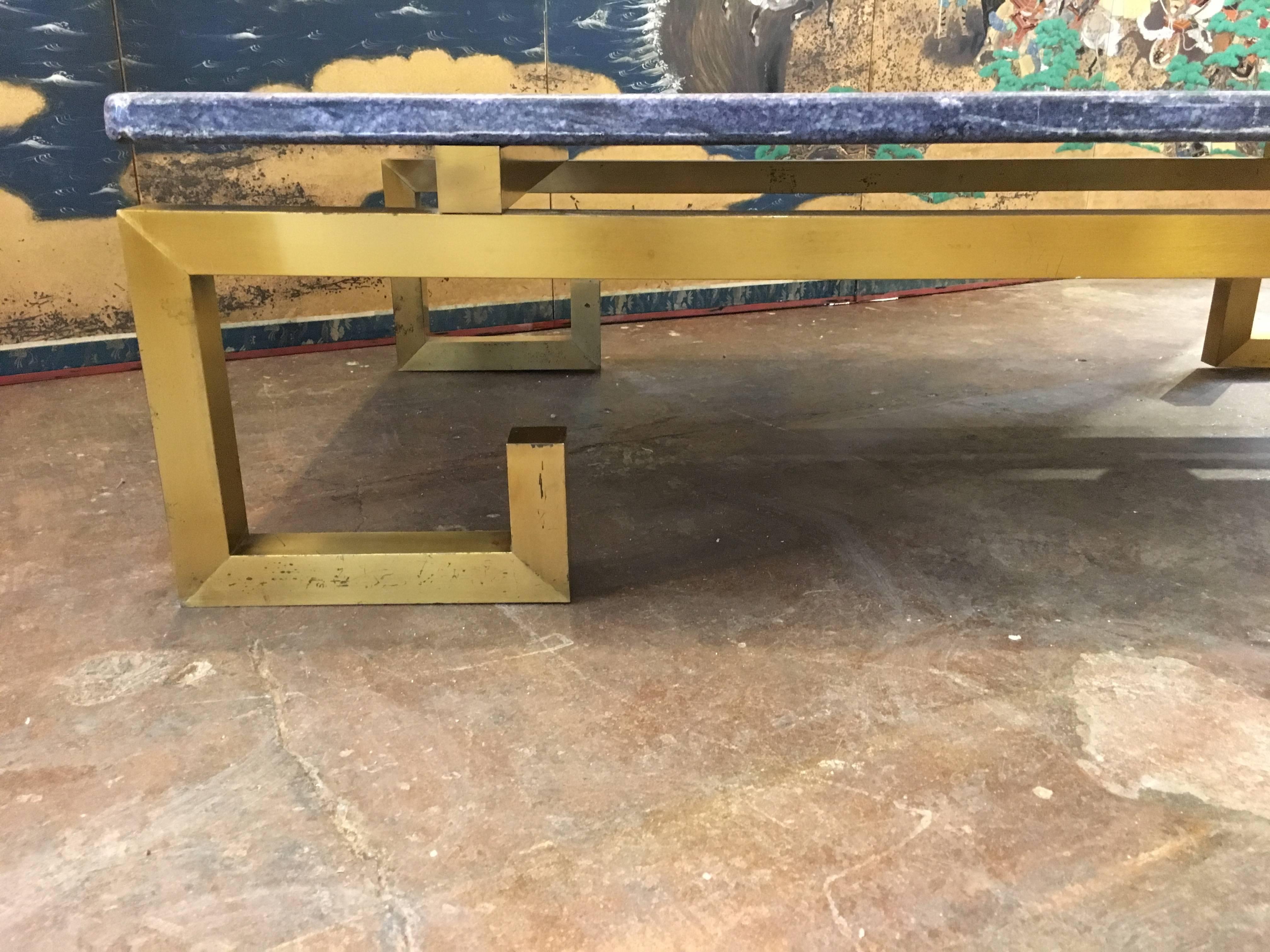 1970s French Brass and Blue Gray Marble Coffee Table In Good Condition In Austin, TX
