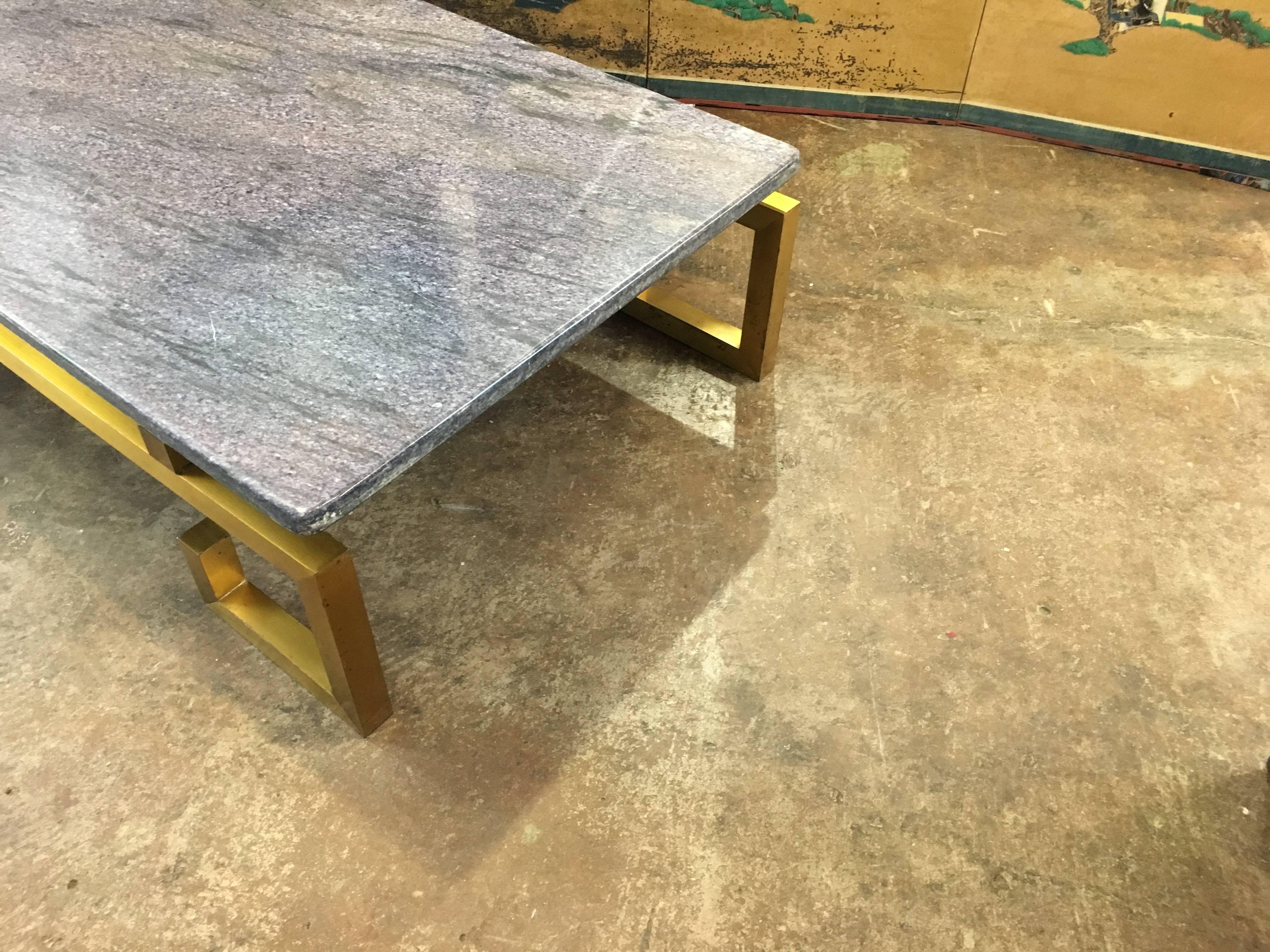 Modern 1970s French Brass and Blue Gray Marble Coffee Table