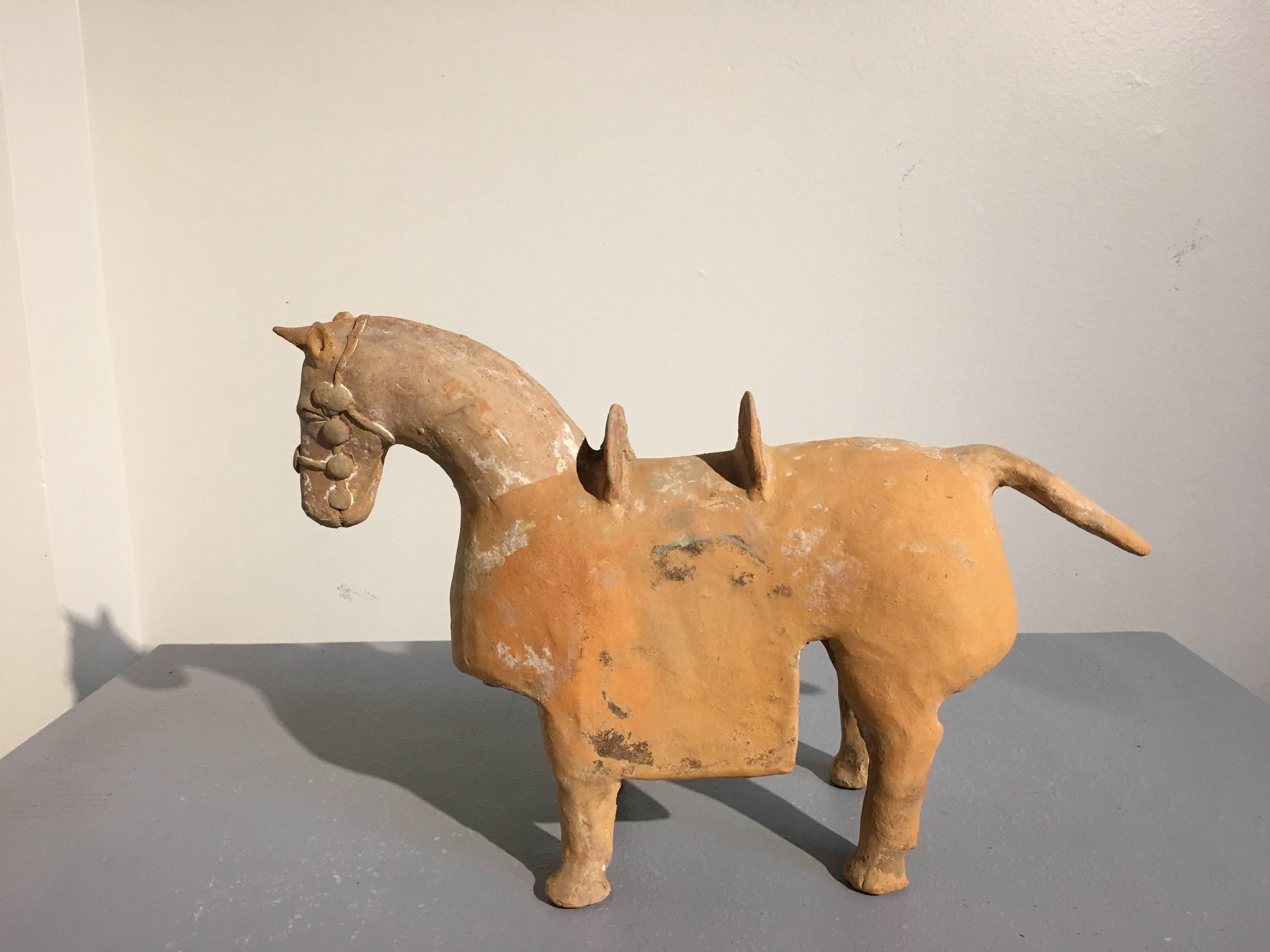 An extremely rare Chinese painted pottery model of an armored horse, Six Dynasties period (220-581 AD), TL tested by Oxford Authentication. 

The stocky war horse portrayed standing four square, fully bridled, and with a armored blanket and saddle.