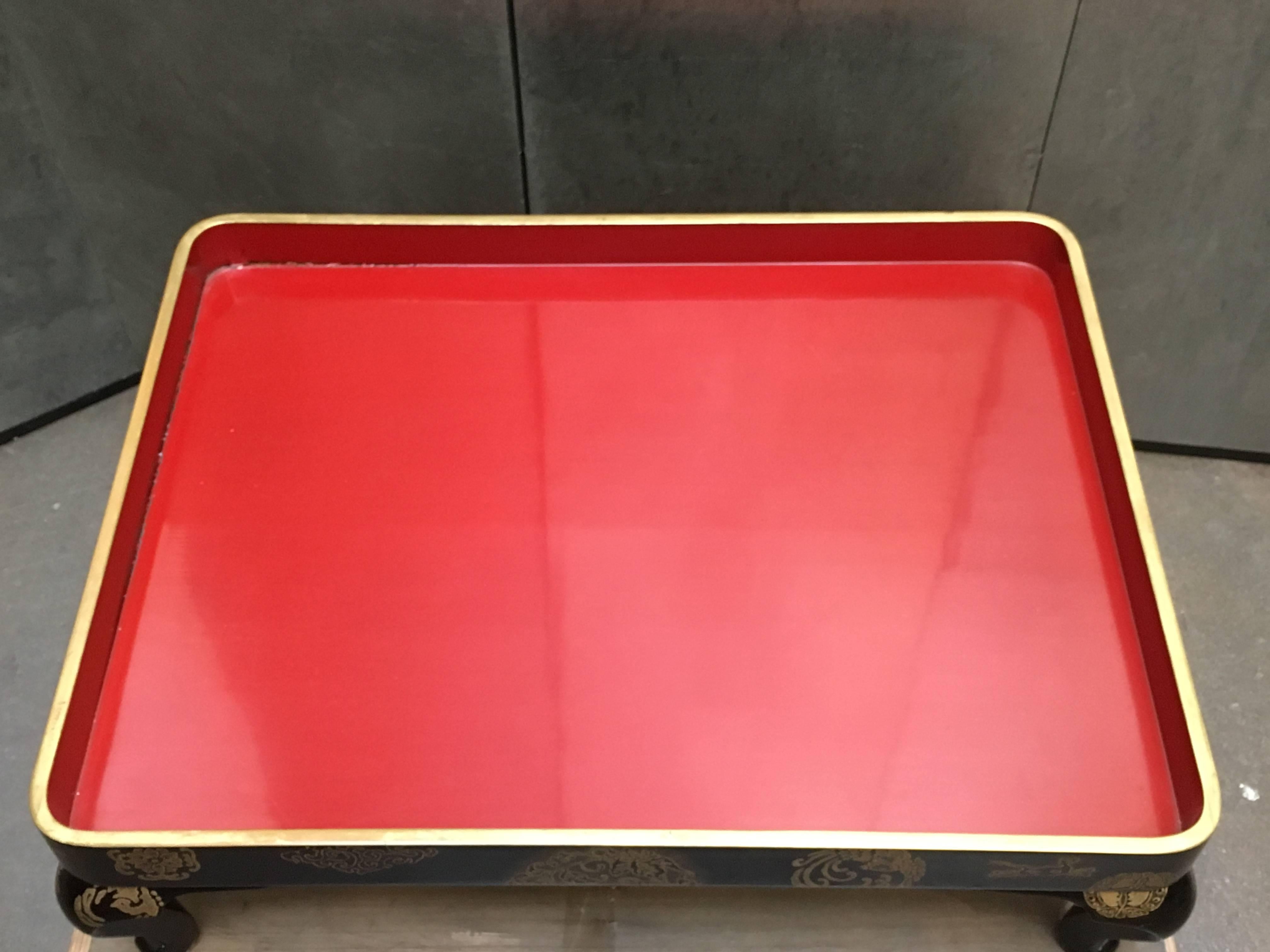 Early 20th Century Japanese Red and Black Lacquer Maki-e Decorated Presentation Tray, dated 1917 For Sale
