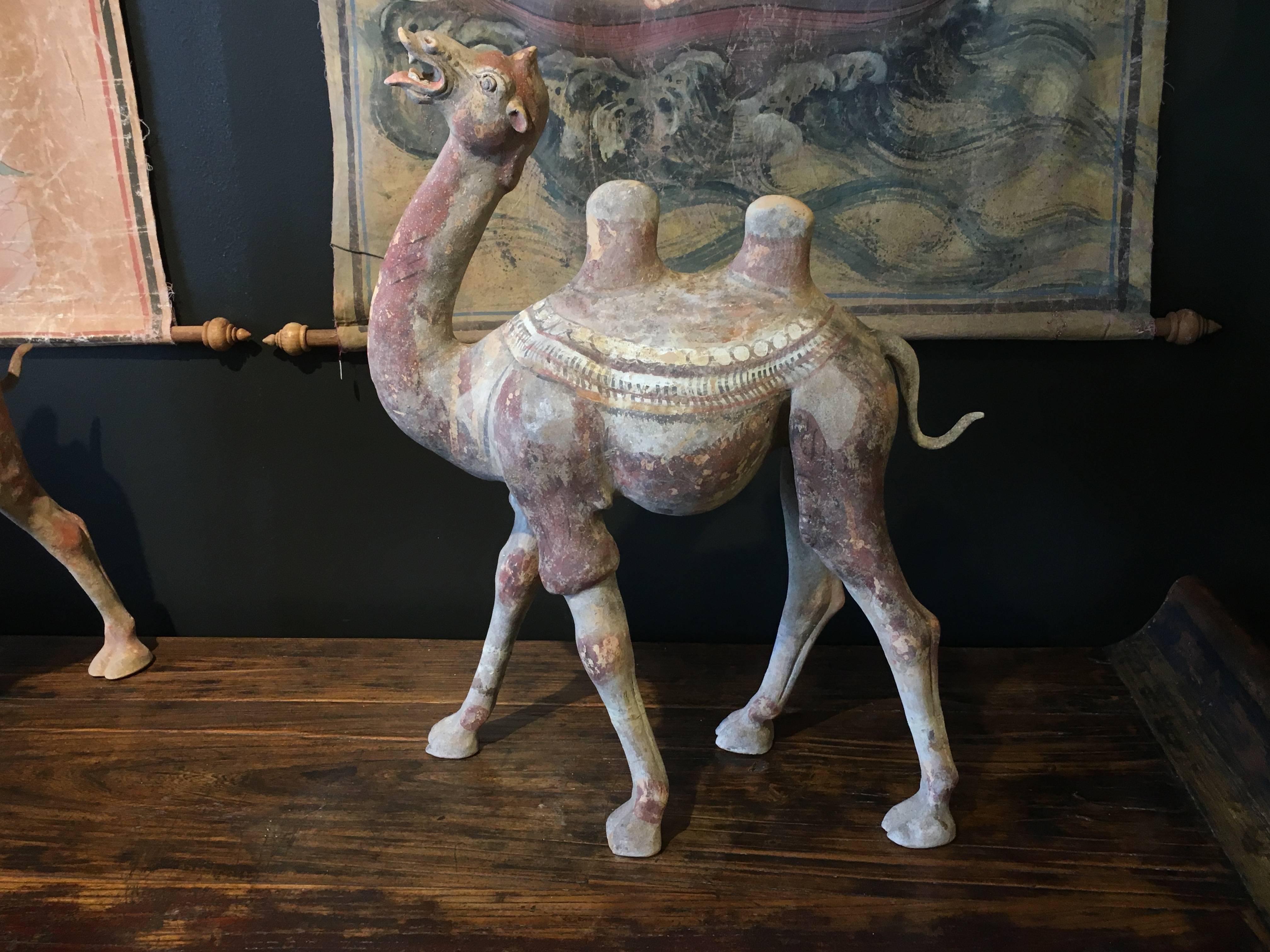 18th Century and Earlier Pair of Chinese Tang Dynasty Painted Pottery Striding Camels