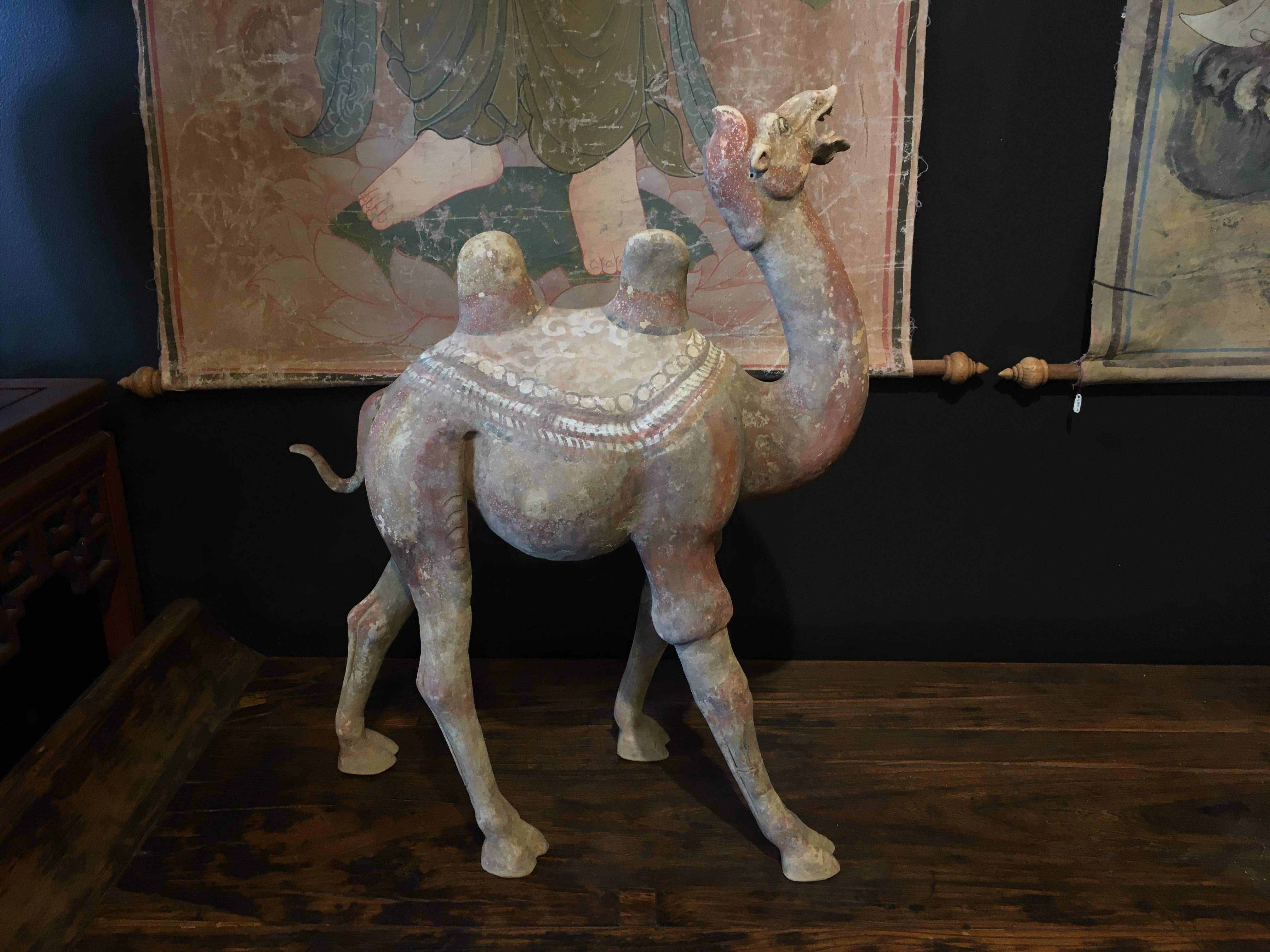 Pair of Chinese Tang Dynasty Painted Pottery Striding Camels 2