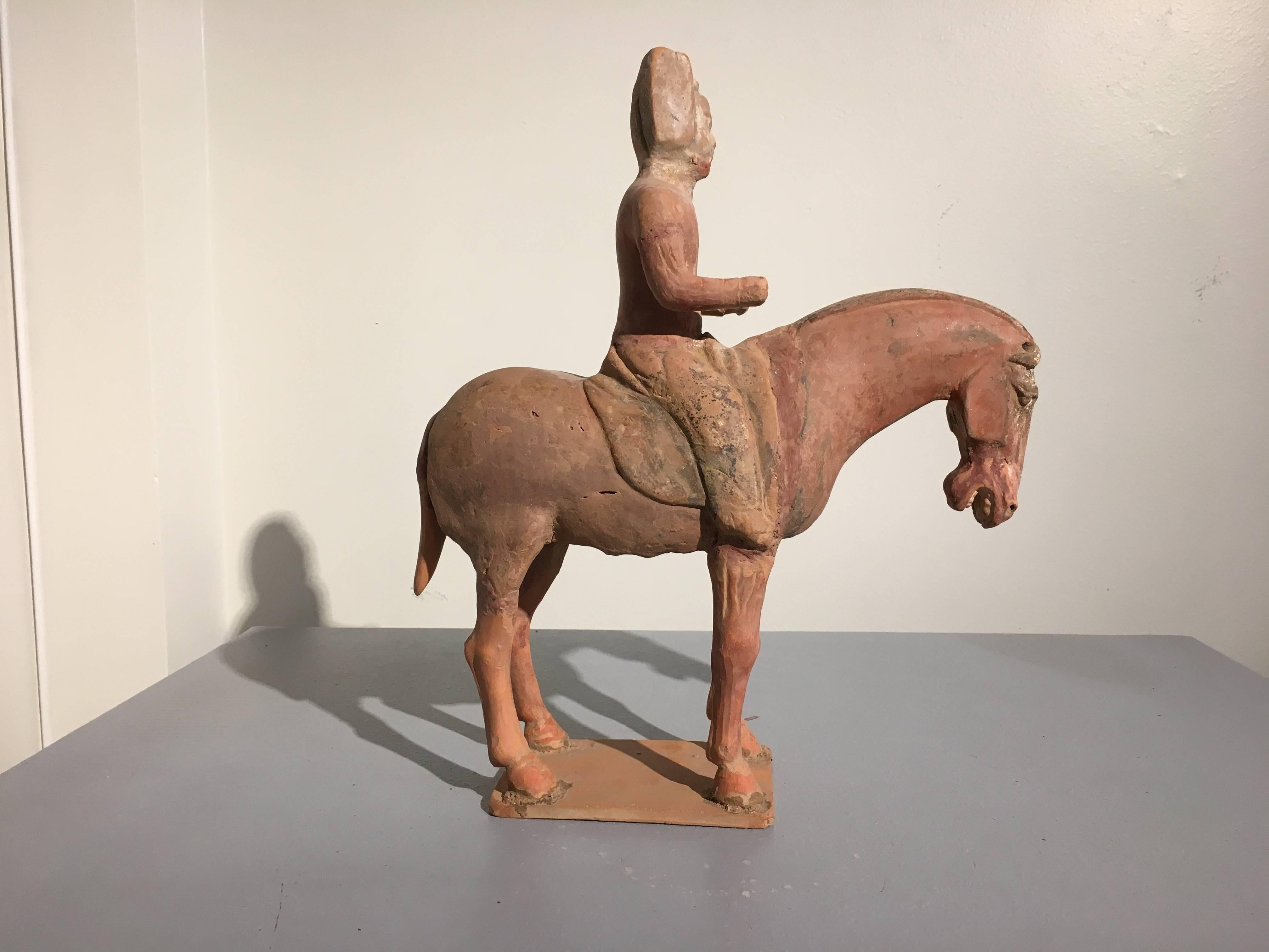 Fired Tang Dynasty Painted Pottery Horse and Rider, TL Tested For Sale