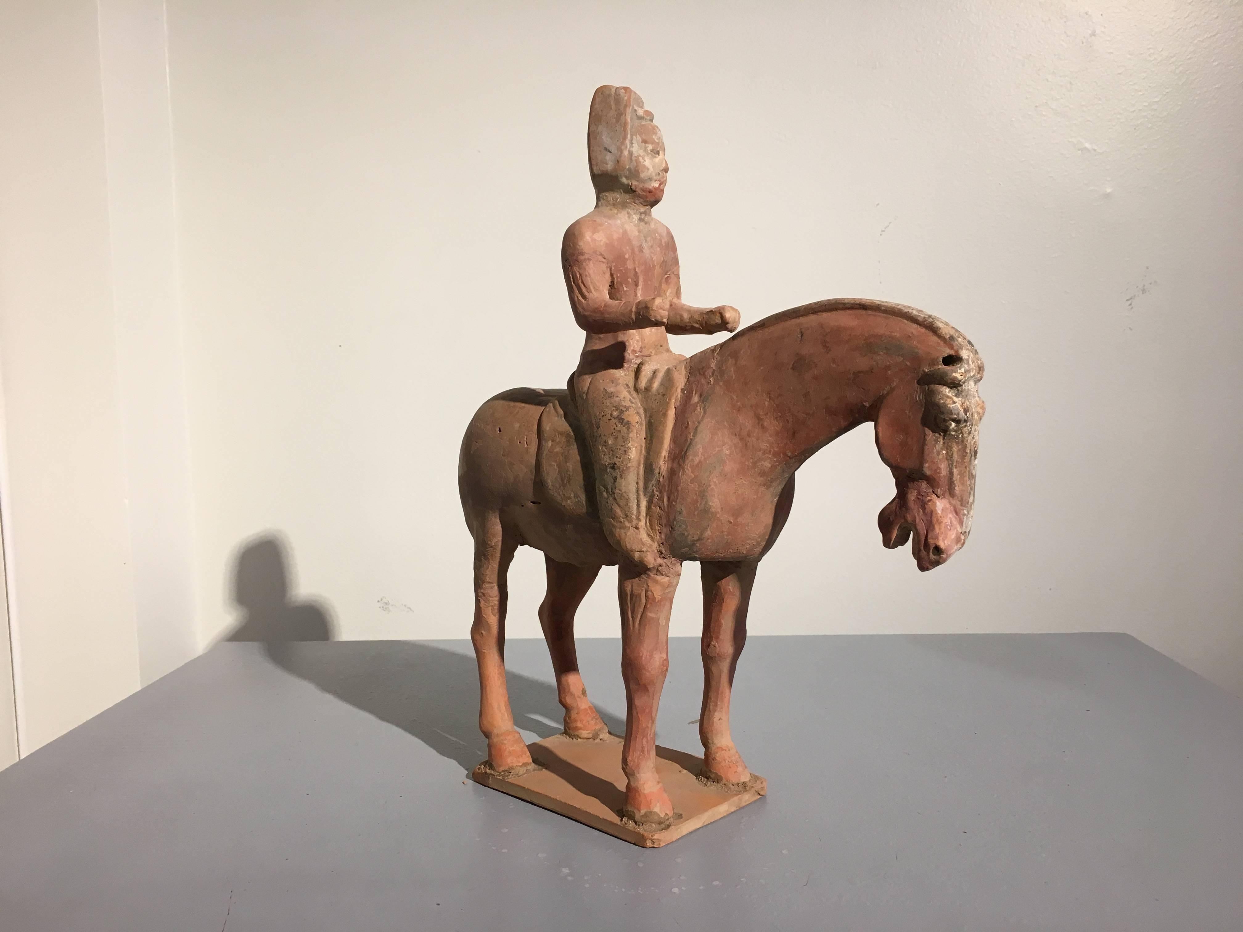 Tang Dynasty Painted Pottery Horse and Rider, TL Tested In Fair Condition For Sale In Austin, TX