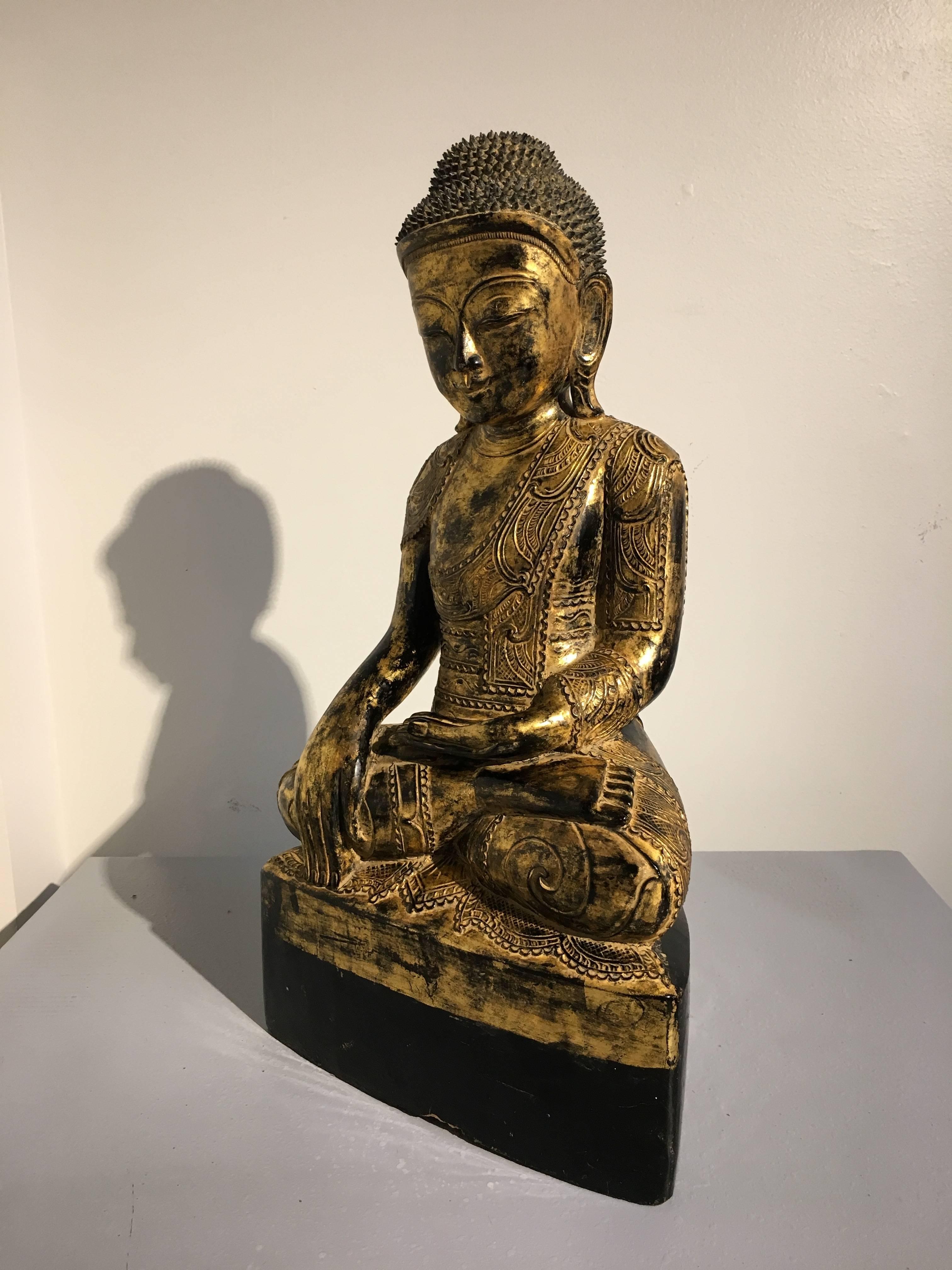 Hand-Carved Burmese Ava Period Carved, Lacquered and Giltwood Buddha, Late 18th Century For Sale