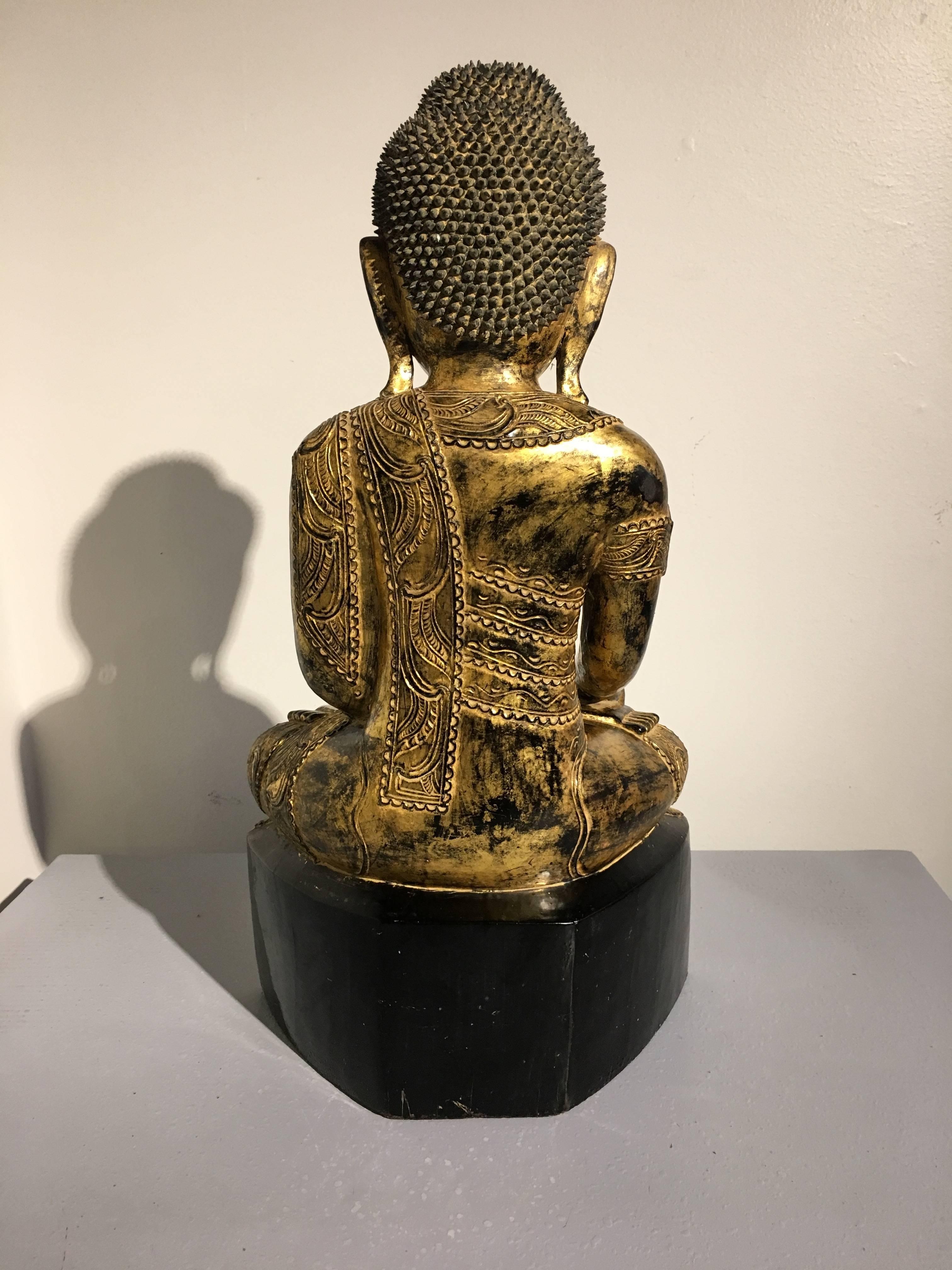 Wood Burmese Ava Period Carved, Lacquered and Giltwood Buddha, Late 18th Century For Sale