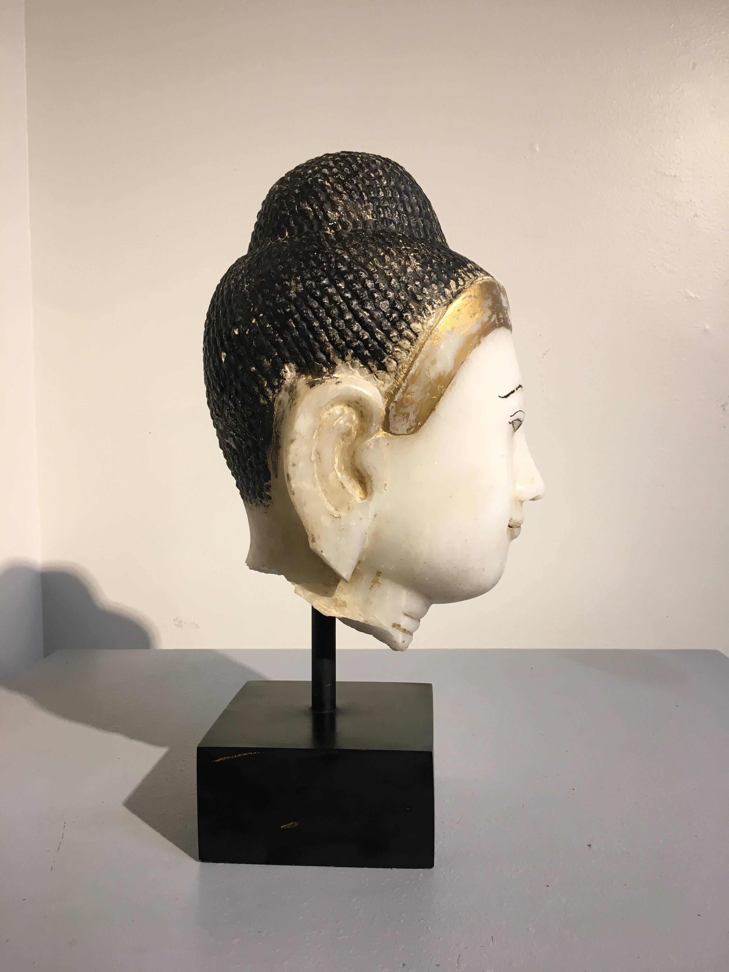 Hand-Carved Burmese Mandalay Period Carved Alabaster Buddha Head, 19th Century